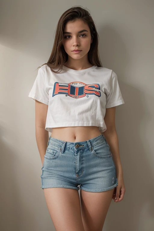fotografia de uma mulher de 19yo, rosto perfeito, standing on her feet, de blusa e mini short jeans