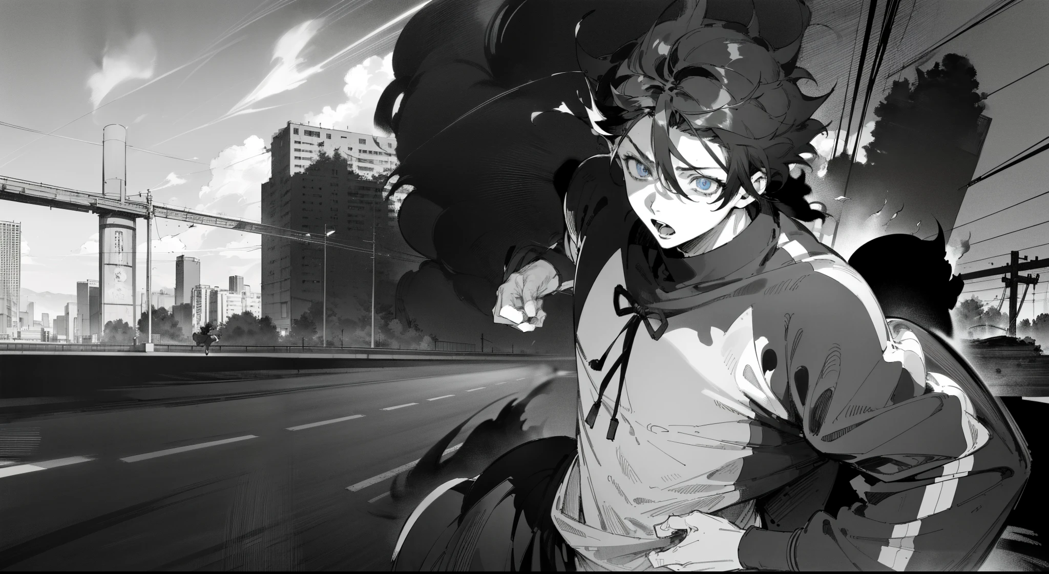 ((Male anime character running on a empty road, panting, tired)), ((beatiful eyes, beautiful hands, short black hair)), speedlines, (dynamic camera angle), manga drawing, drawing, high res, ultrasharp, 8K, masterpiece, Anime Wallpaper, anime street, high resolution, abandoned road, fantasy, simple clothing