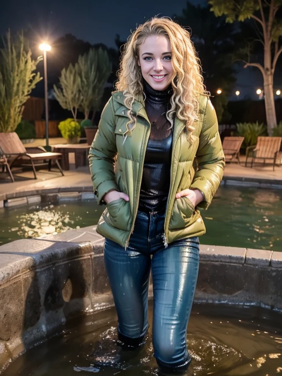 woman outside standing in a pond in (puffy winter coat) and tight sweater and navy blue jeans and stiletto heel boots, ((wet hair)), soaking wet, SoakingWetClothes, (((showboots))), inviting smile, ((short curly blonde hair)), green eyes