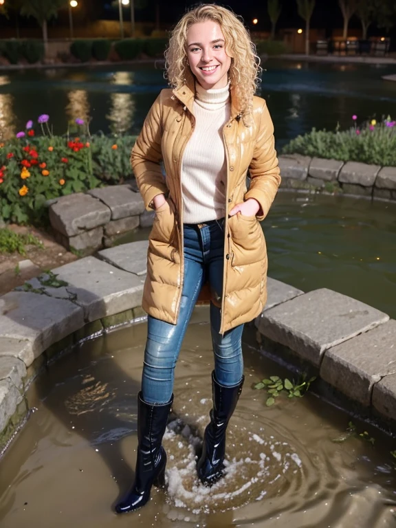 woman outside standing in a pond in (puffy winter coat) and tight sweater and navy blue jeans and stiletto heel boots, ((wet hair)), soaking wet, SoakingWetClothes, (((showboots))), inviting smile, ((short curly blonde hair)), green eyes