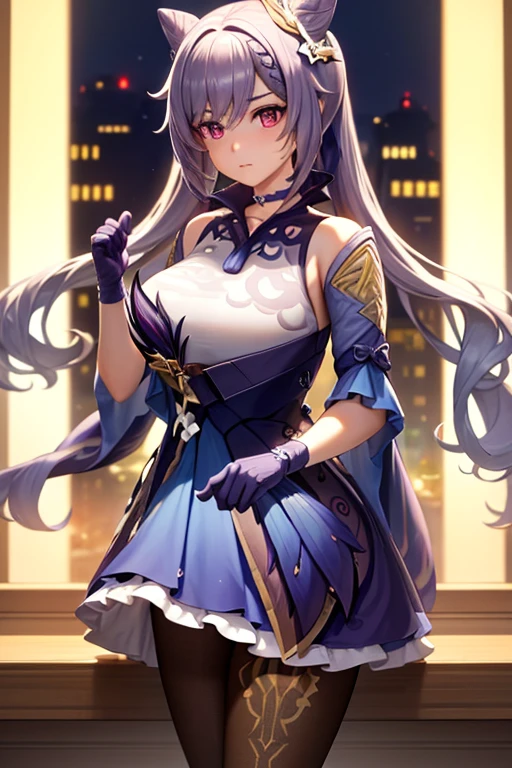 ((highly detailed)), genshin impact, keqing, perfect human hands,(great breast:1.1),relaxed pose, ((fit female)) , super perfct body curve, masterpiece, 4K, detailed, perfect face, (20 years old) language, fit figure, gorgeous perfect face, happy expression, realistic style and super detailed renderings, superrealism, super-realistic oil, contour shadow-procesull body portrait, standing, hands on waist, high res, ultrasharp, 8K, masterpiece, looking at viewer, blushing, chinese city in the background, super detailed eyes, (beautifull eyes), holding a sword