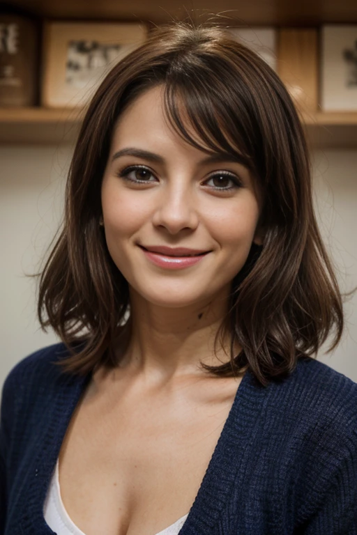Une photographie d'Une femme de plus de 35 ans avec un visage ((Lora:TeeTee5)); avec des cheveux longs hyper souriante
