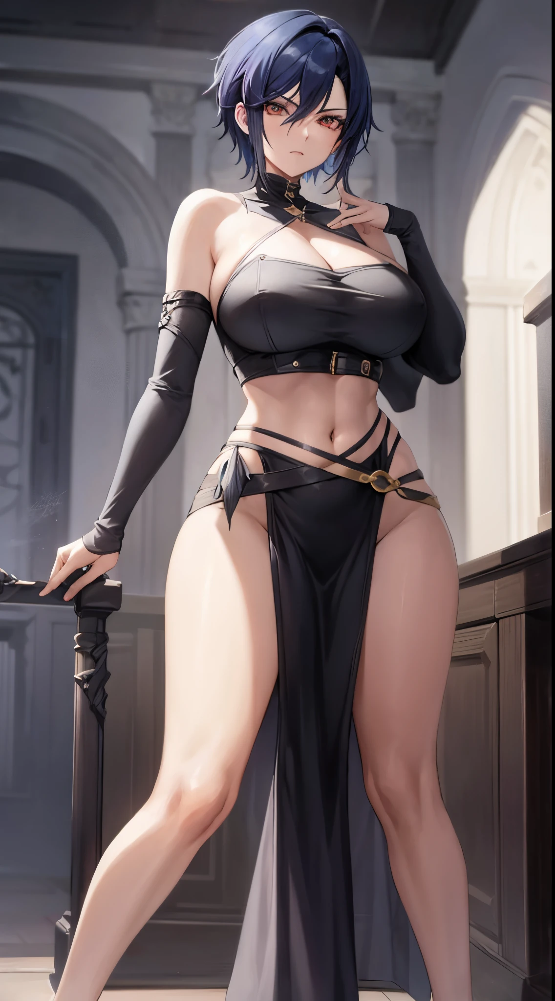 1 woman, milf, tomboy, short hair, two colored hair, wearing double slit skirt and tube top, sorceress, mage, assassin, full body, aggressive, emo, edgy woman, mysterious, scary, horror, otherworld
(Elegant body), beauty majestic, milfication, large breasts, curvaceous but thin, (midriff), navel focus, slim hips, attractive thighs, skinny legs, navel, cleavage, legs apart