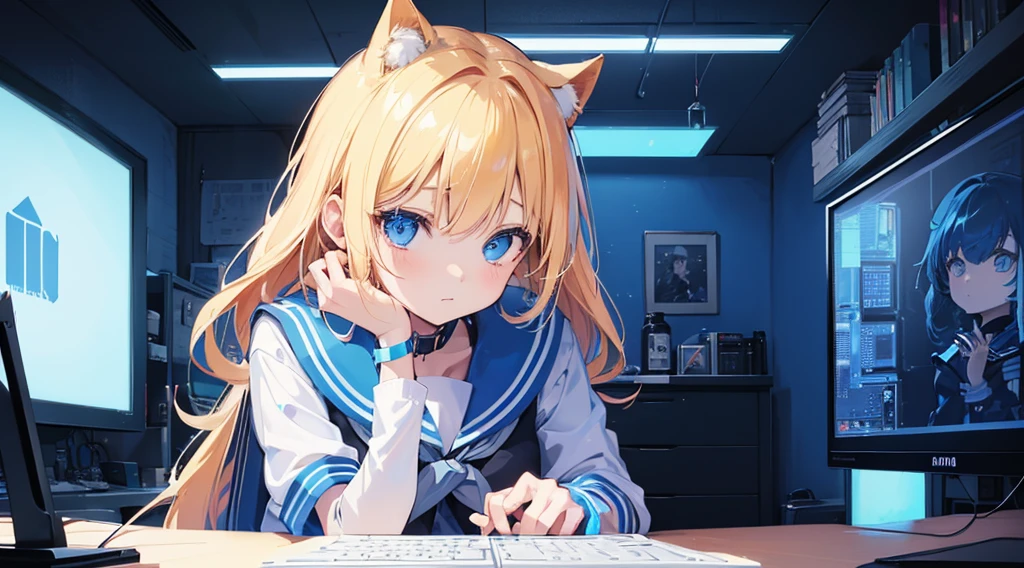 (2 girls, blonde hair, blue eyes, sailor suit, kawaii), (blue cyberpunk, room with big monitors, blue neon)