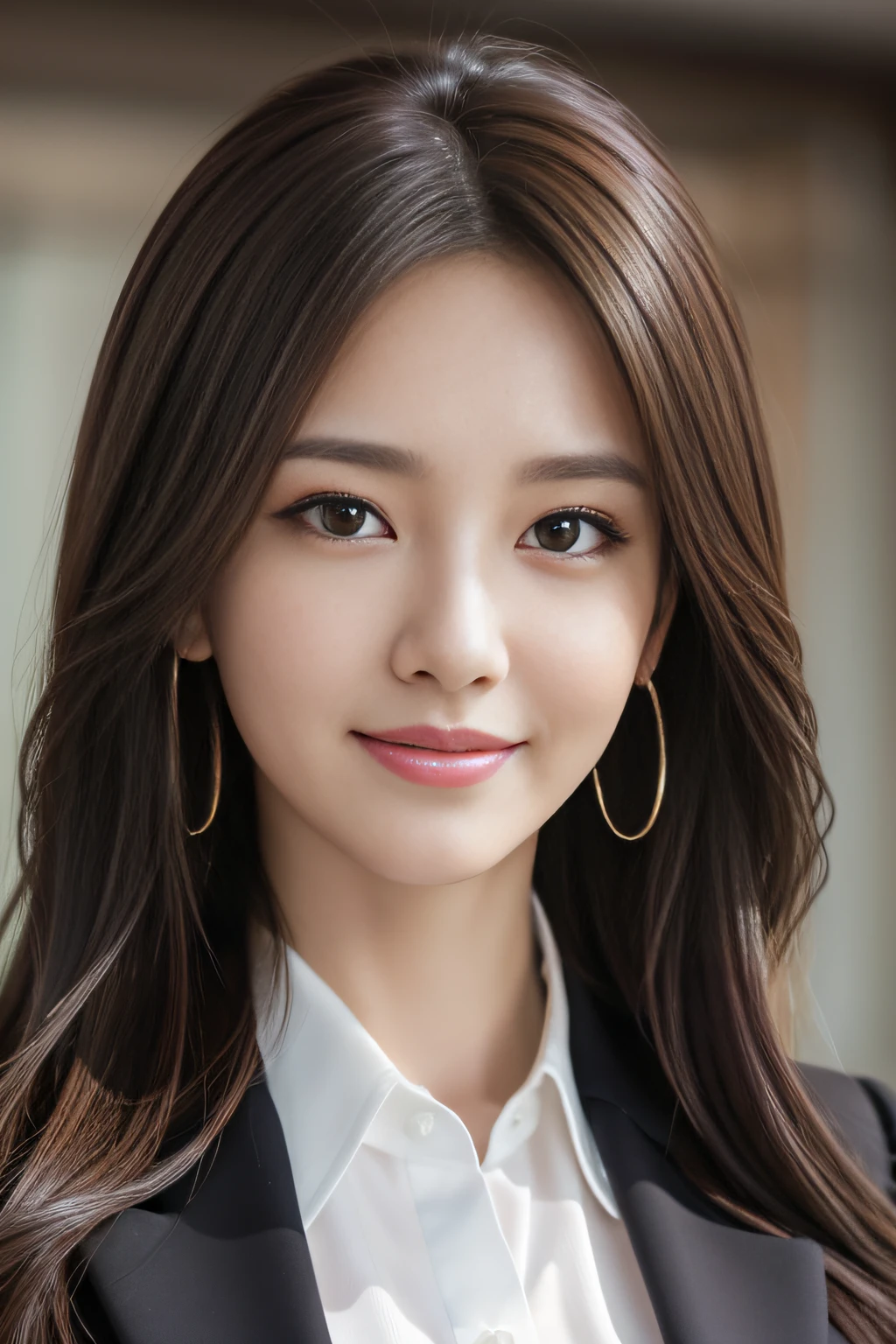 masutepiece, Best Quality, Photorealistic, Ultra-detailed, finely detail, High resolution, 8K Wallpaper, 1 beautiful woman,, light brown messy hair, in a business suit, foco nítido, Perfect dynamic composition, Beautiful detailed eyes, detailed hairs, Detailed realistic skin texture, Smiling, Close-up portrait, Model body type