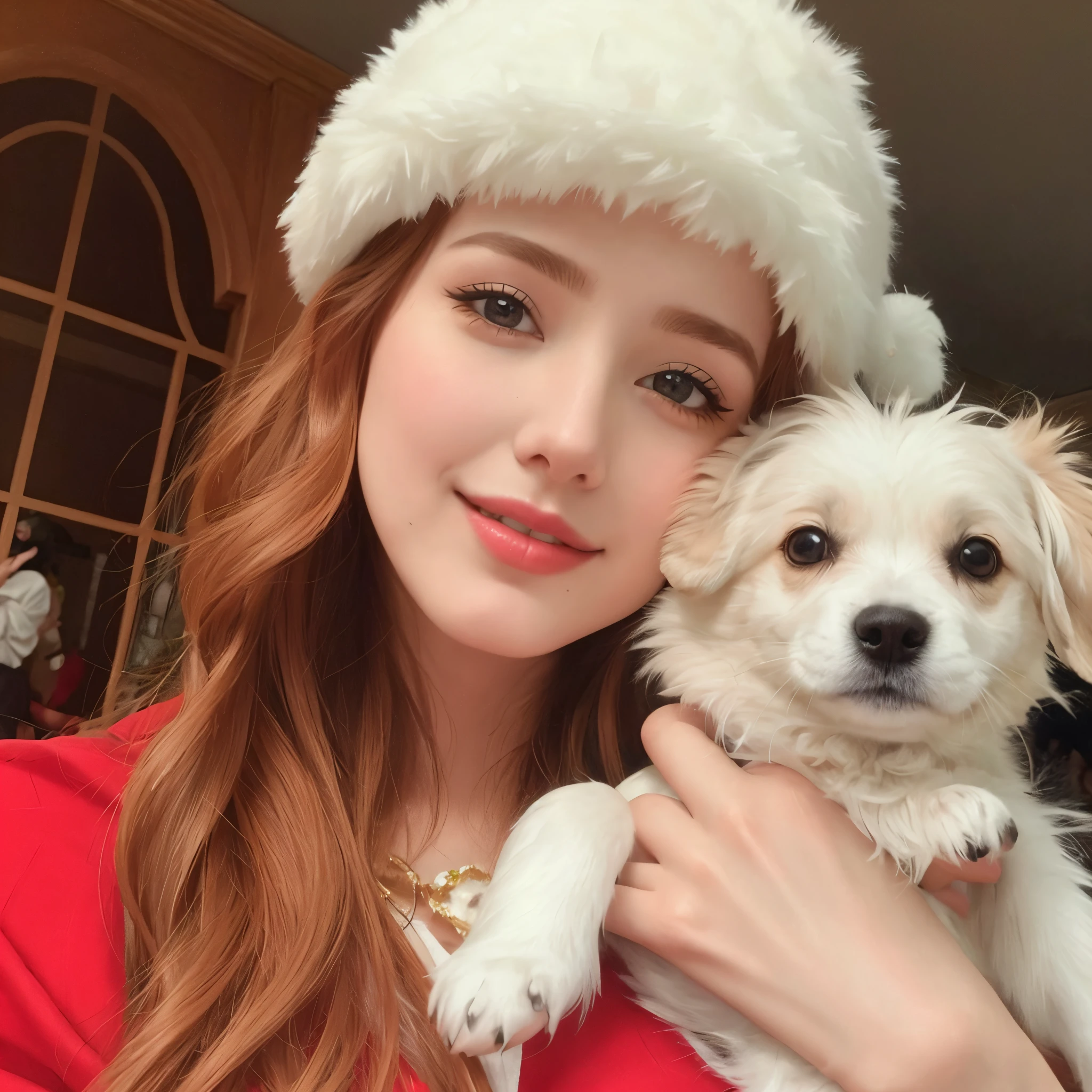 Araffe woman in Santa hat holding a small dog in her arms., Hermosa espina, Anna Nikolanova aka Newmilky, Amouranth, Imagen filtrada, Hada Ellie Bamber, por Emma Andijewska, Sofia Turner, angelina stroganova, Pelo y pelaje de jengibre, Estilo de Julia Razumova, better known as amouranth, Arte tradicional