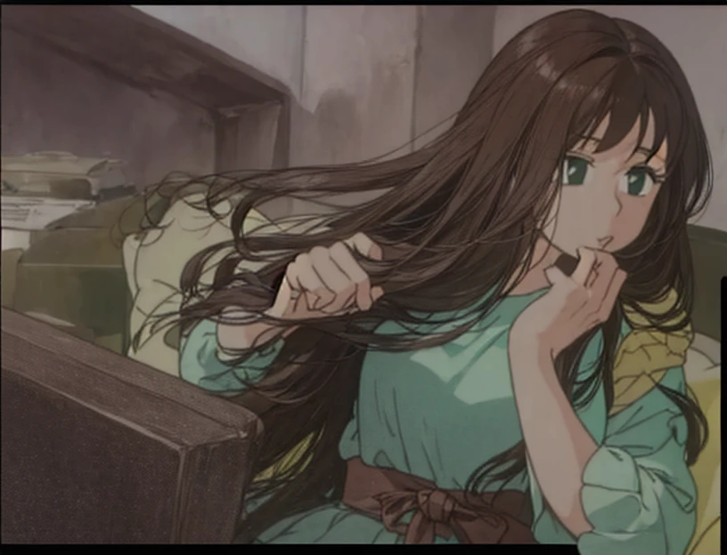 A beautiful woman with long brown hair is standing staring in a green dress.。