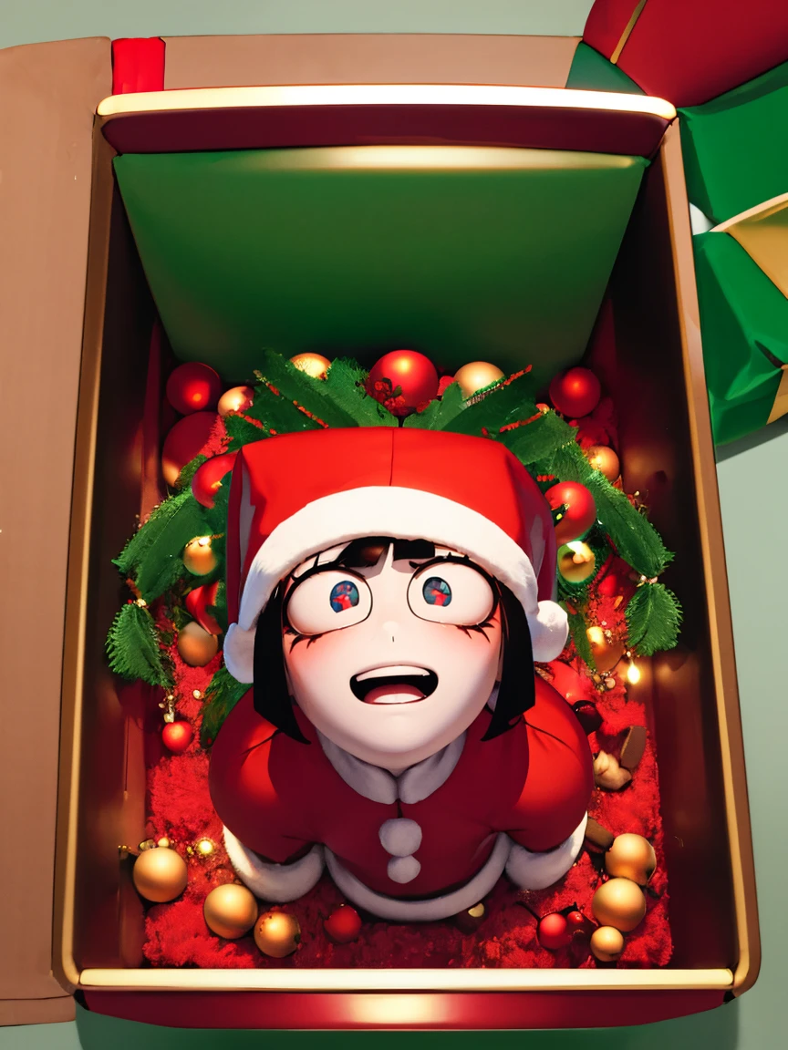 (master piece: 1.1), (pomni), (a close up of a girl inside a christmas box gift), detailed face, happy, ((fear)), blush, lying down, side view BREAK colored eyes, red and blue eyes, detailed eyes, pale skin, high detailed face BREAK bondage, inside the box, full body, lying on side, bound, arms behind back, detailed fur tied BREAK bob cut, dark hair, (christmas dress, red and white, santa head on the head) BREAK detailed background, sharp details, (christmas_tree, christmas gifts, christmas set), from above view