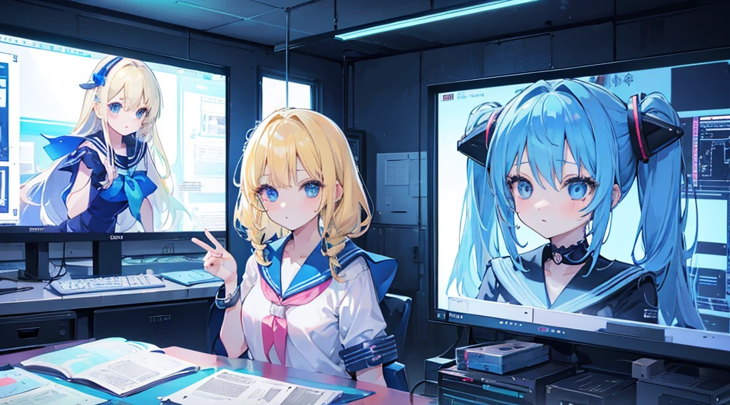 (2 girls, blonde hair, blue eyes, sailor suit, kawaii), (blue cyberpunk, room with big monitors, blue neon)