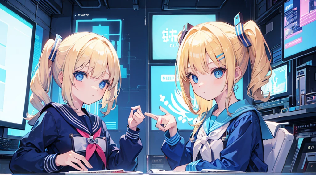 (2 girls, blonde hair, blue eyes, sailor suit, kawaii), (blue cyberpunk, room with big monitors, blue neon)