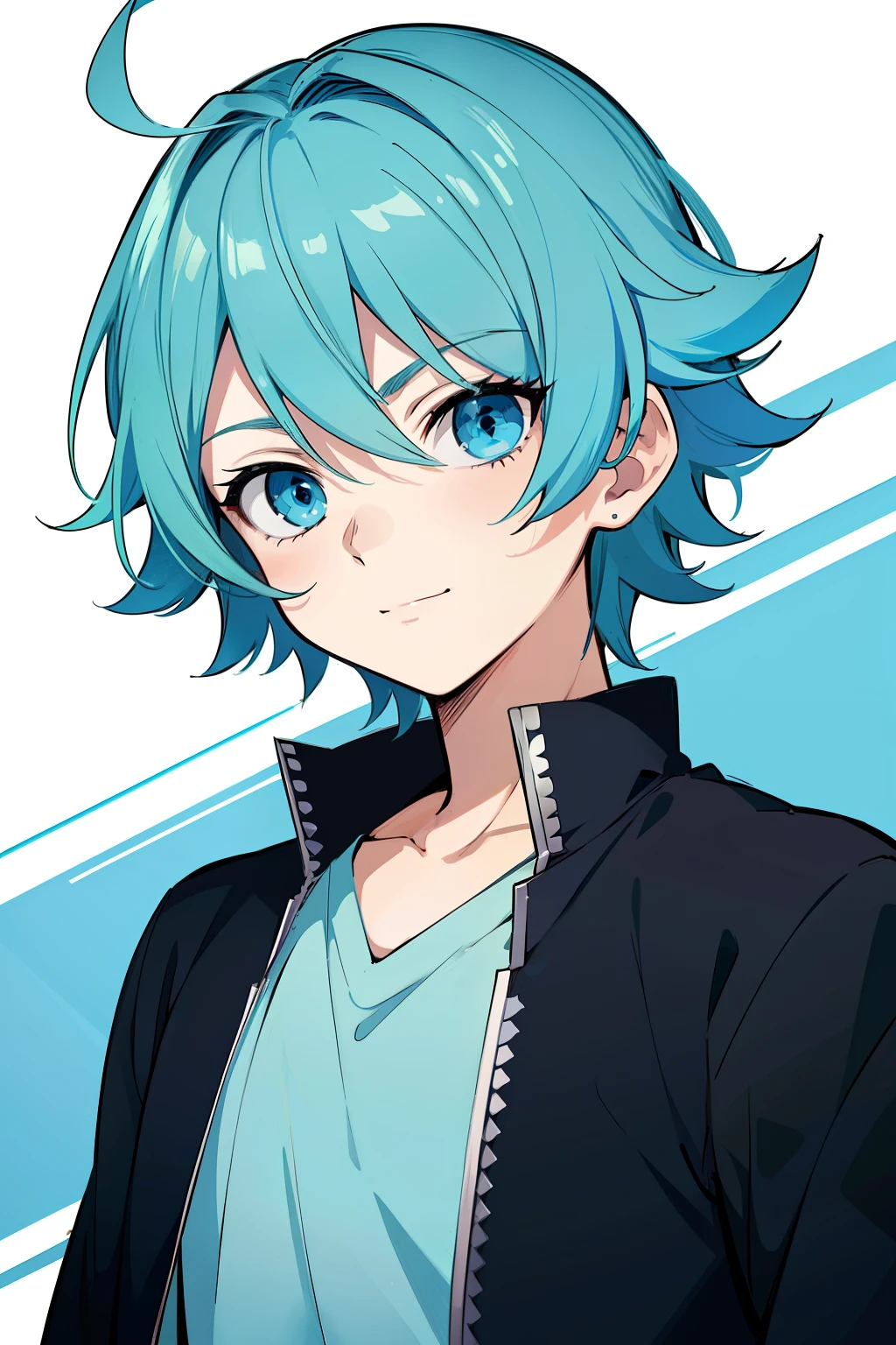 (high-quality, breathtaking),(expressive eyes, perfect face) 1boy, male, solo, toddler, small, young kid, light blue hair, green coloured eyes, stylised hair, gentle smile, shortlength hair, loose hair, side bangs, curley hair, slightly spiky, modern clothes, black jacket, dark sapphire blue and white baseball tshirt, demon slayer art style, looking at viewer, portrait