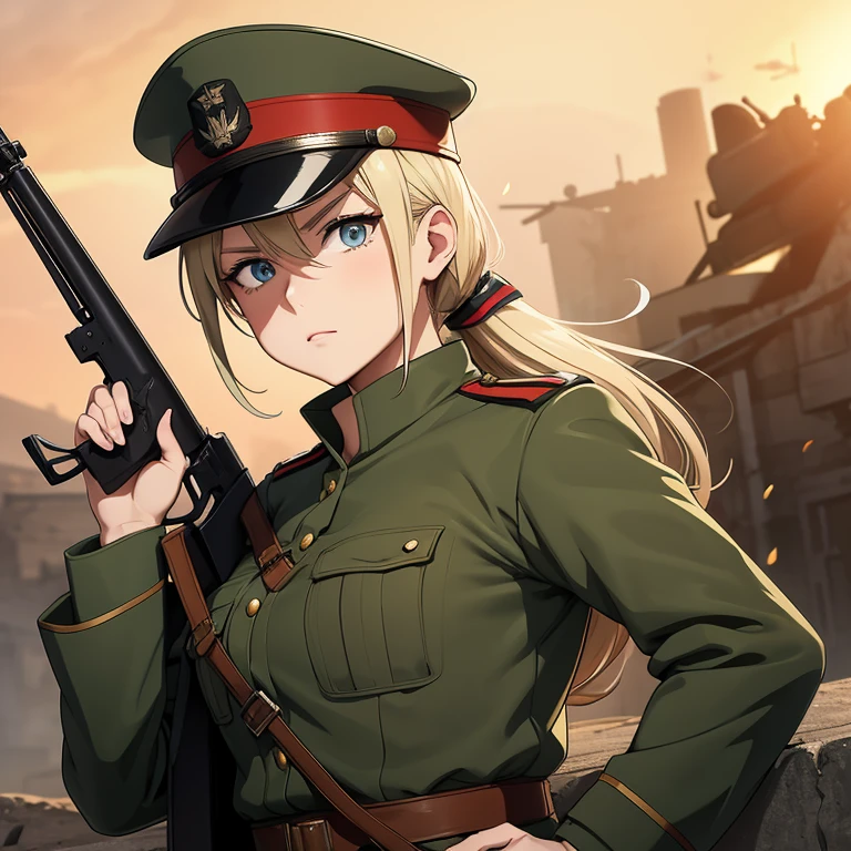 Anime style image of a woman wearing a military uniform of a German soldier from World War I holding a rifle from World War I on a battlefield her look is cold and serious