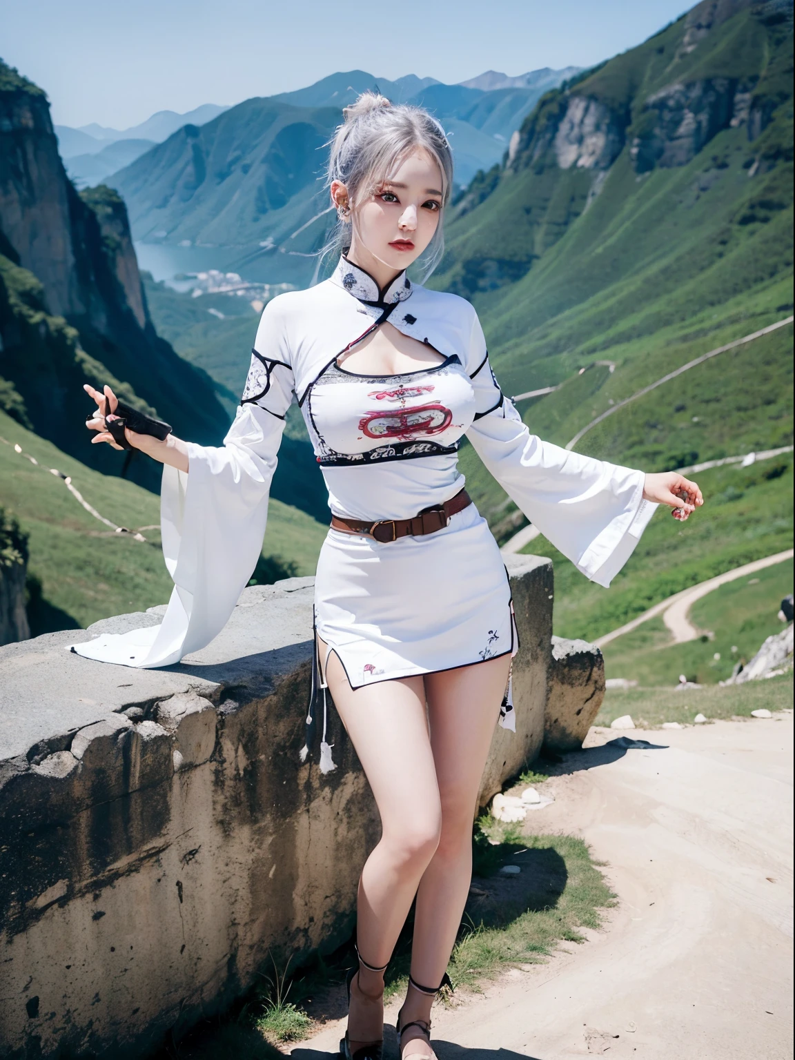 (full body:1.2), (detailed face:1.3), (detailed eyes:1.3), (detailed hand:1.3), (anatomy correct:1.3), natural skin texture, (detailed finger:1.2), (1 girl:1.4), white hair, (kungfu master clothes:1.3), jewelry, (big breast:1.2), cleavage, (perfect thigh:1.3), slim thigh, perfect thigh, standing on mountain, landscape