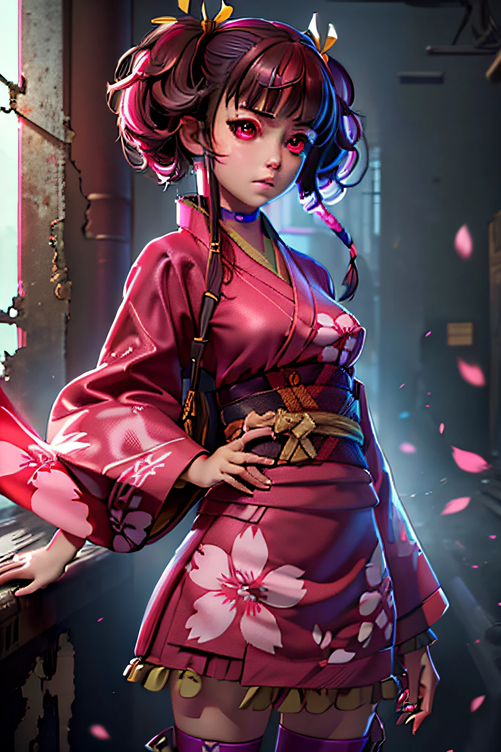 (best quality,4k,8k,Altas,master part:1.2),ultra-detalhado,(Realistic,fotorrealista,photo-realistic:1.37),Mumei Koutetsujou no Kabaneri, Pinterest, anime, quimono rosa,illustration,anime,manga,heroine,Expressive eyes and lips, flowing hair, dynamic pose, intense emotions,Background Story: panoramic view of a post-apocalyptic world,ruined buildings,dystopian atmosphere, flores coloridas em primeiro plano,estilo popular de arte de anime no Pinterest, cores vibrantes e saturadas, dramatic lighting,vivid pink color palette, Contraste entre claro e escuro,Highlighted facial features,Thrilling action scene,energia e poder irradiando do protagonista.