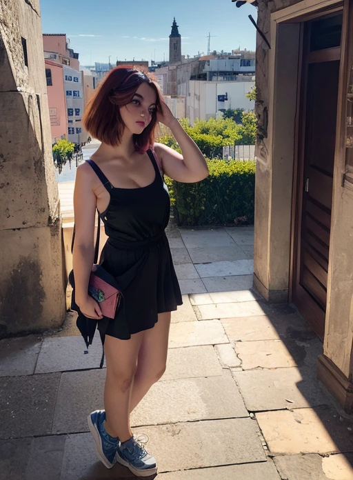 (fotorrealista:1.4),8k,(Obra maestra), La mejor calidad, highest qualityr, (Cara detallada:1.5),Texto original en,Altas Resoluciones, Obra maestra sin igual, 8K ultra realista, Ilustraciones perfectas, ((Figura femenina perfecta)),,Piel detallada, epiCRealismo, fcRetrato,, short blsck hair, eyes blue, buildings, pretty clothes