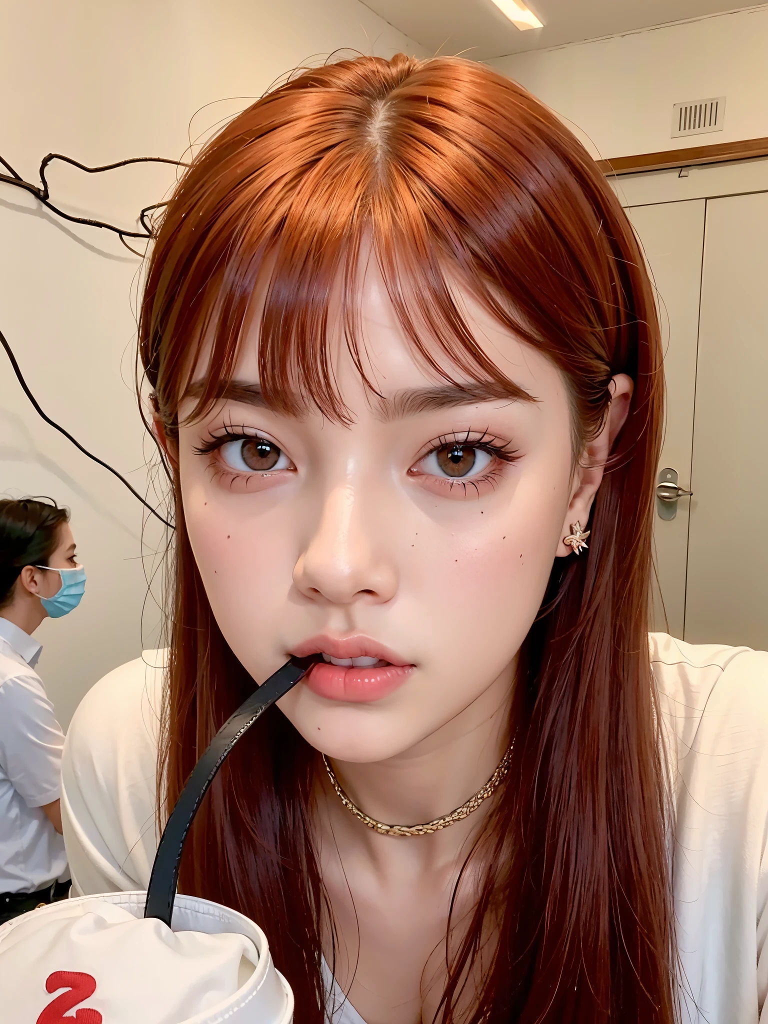 Mujer arafed con cabello rojo bebiendo una bebida y vistiendo una camisa blanca., Lalisa Manobal, Jossi de Blackpink, Lalisa Manoban de Blackpink, Retrato de Jossi de Blackpink, Parque Roseanne de Blackpink, con el pelo rojo, Sun Yunjoo, con flequillo, Ella tiene el pelo largo redorange, Jisoo de Blackpink, JIA, Kim Doyoung