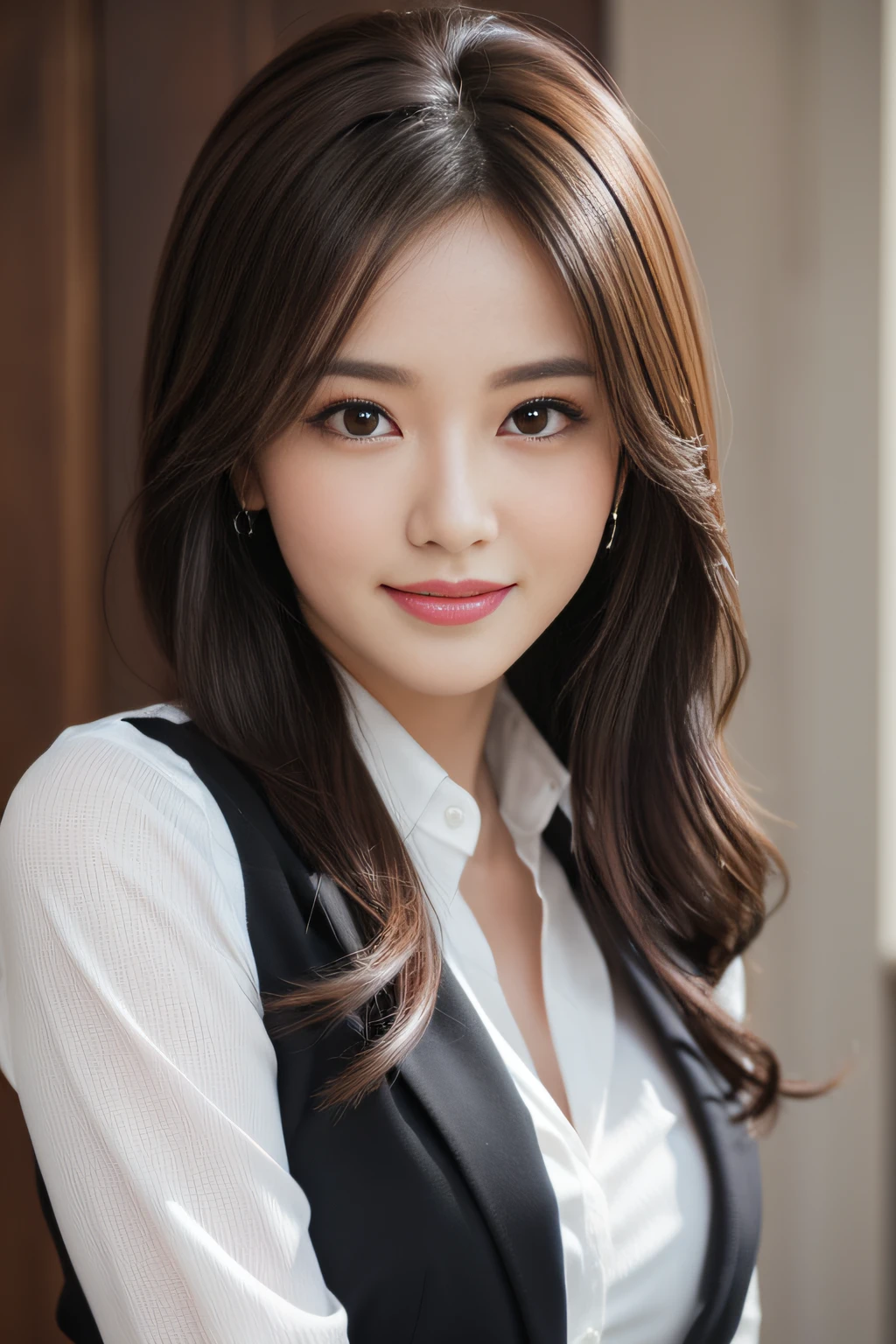 masutepiece, Best Quality, Photorealistic, Ultra-detailed, finely detail, High resolution, 8K Wallpaper, 1 beautiful woman,, light brown messy hair, in a business suit, foco nítido, Perfect dynamic composition, Beautiful detailed eyes, detailed hairs, Detailed realistic skin texture, Smiling, Close-up portrait, Model body type