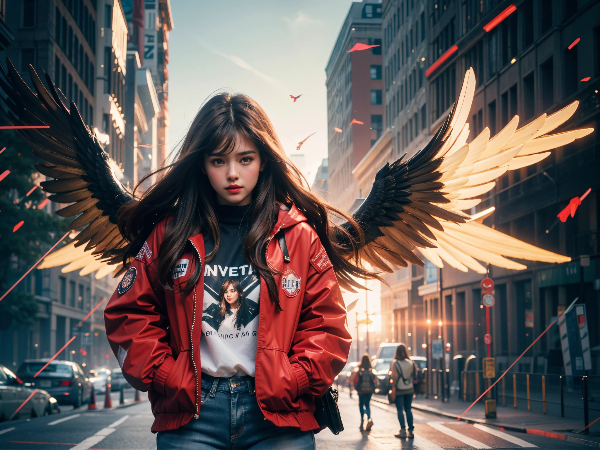 Beautiful girl with wings standing on the road, Brown hair, Brown eyes, red jacket, White T-shirt, Jeans, (Beautiful face details), intricate detailed, Portrait of a female man, very high details, Realistic photos, 8k, UHD, hyperdetailed, (Dynamic Poses:1.4),