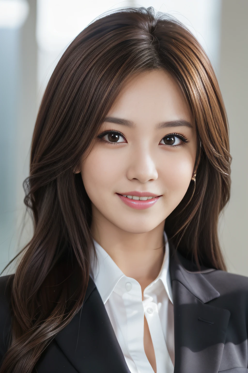 masutepiece, Best Quality, Photorealistic, Ultra-detailed, finely detail, High resolution, 8K Wallpaper, 1 beautiful woman,, light brown messy hair, in a business suit, foco nítido, Perfect dynamic composition, Beautiful detailed eyes, detailed hairs, Detailed realistic skin texture, Smiling, Close-up portrait, Model body type
