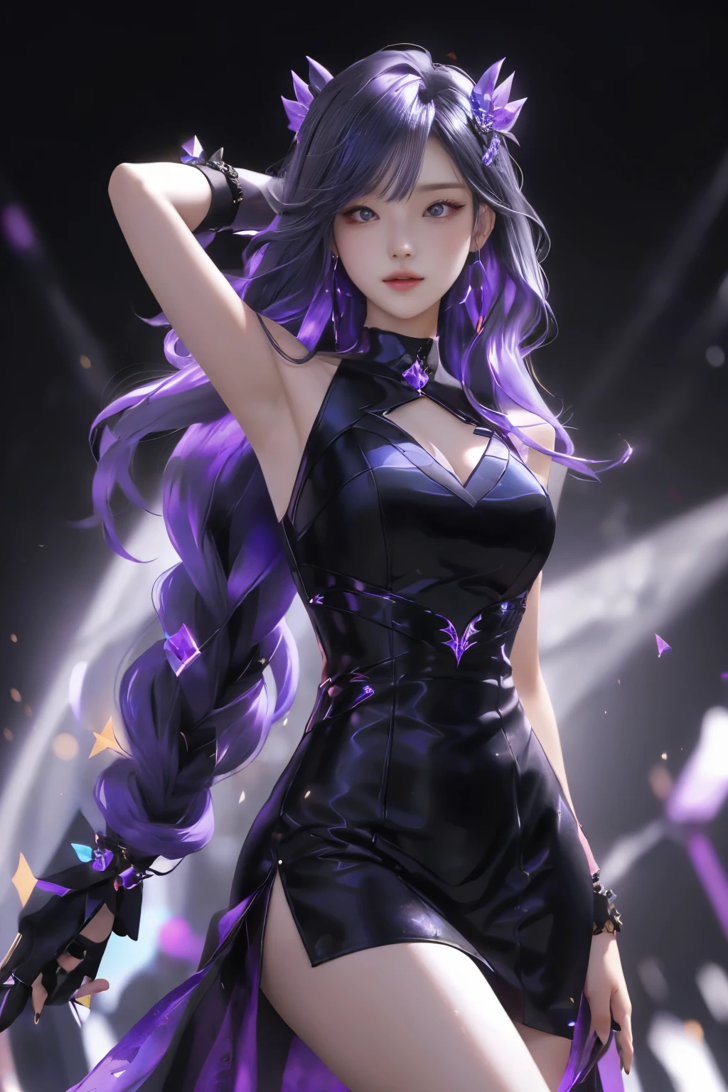 best quality, 1girl, kda, solo, long hair, black dress"Qonita", looking at viewer, upper body"QONITA"