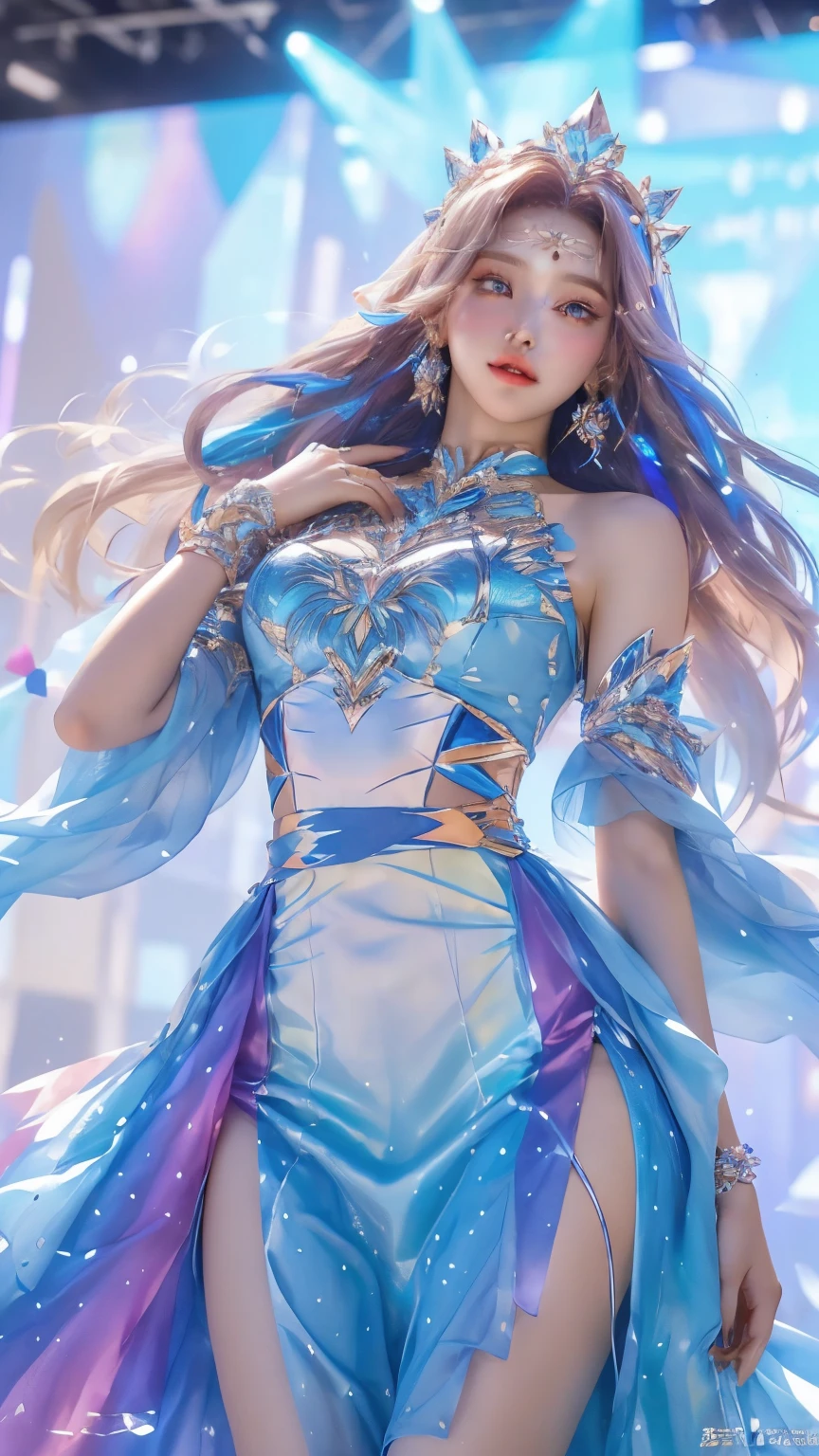 Best quality at best, 1 girl, Keda, Alone, long whitr hair, a blue dress, looking at viewert, The upper part of the body, Multicolored glowing crystals，Wearing a long skirt to the ankles