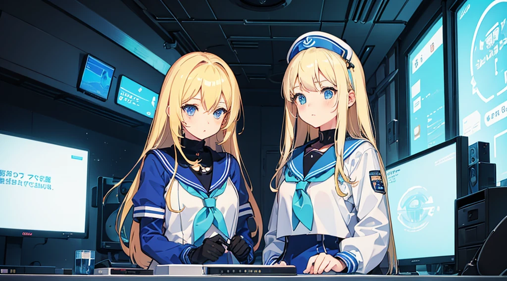 (2 girls, blonde hair, blue eyes, sailor suit, kawaii), (blue cyberpunk, room with big monitors, blue neon)