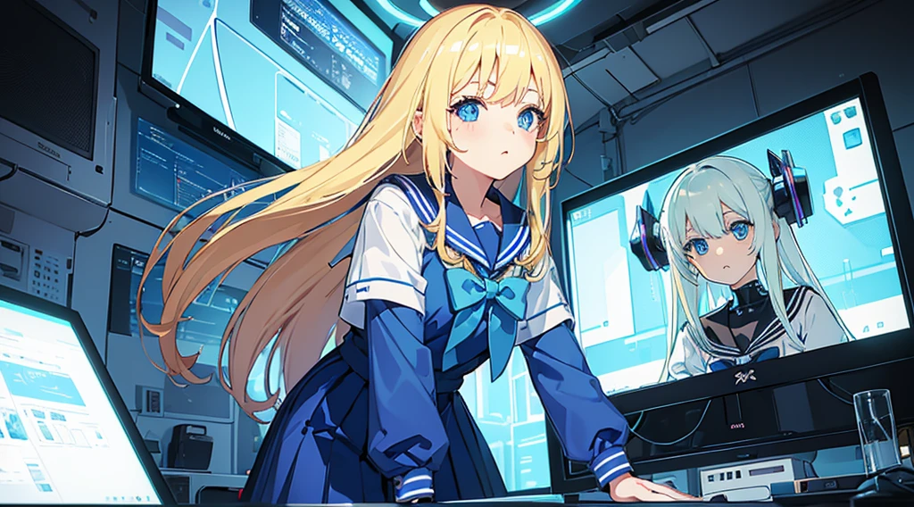(2 girls, blonde hair, blue eyes, sailor suit, kawaii), (blue cyberpunk, room with big monitors, blue neon)