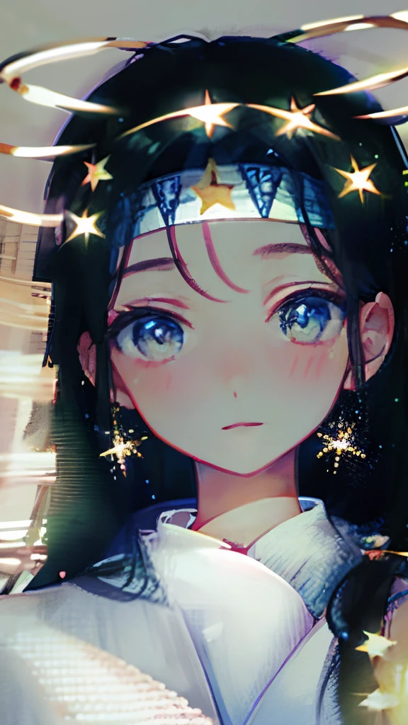 a close up of a woman with a headband with stars on it, with stars, with kind face, wearing angel halo, with accurate face, blurry image, tumblr, face picture, asian face, wearing angel halo covered face, with round face, face  brightly lit, potrait, profile image, stars in her eyes, background  heavenly, non blurry