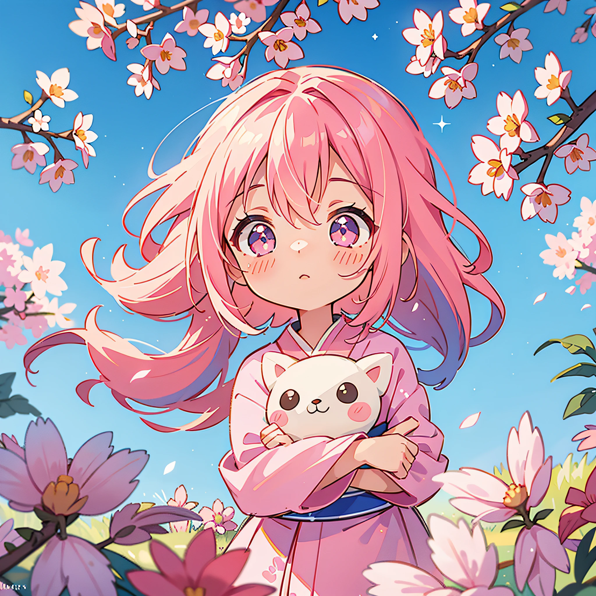wallpaper,dynamic angle,dynamic lighting,depth of field, centered,dynamic composition,blue sky,sunny,close up,((interesting detailed background)),cinematic lighting, sparkles, glowing light, 8k, 1girl, kawaii, blush, cute, busy background, pink hair, flowy hair, pink eyes, glowing eyes, pink kimono, sakura tree, pink petals floating, pink flower fields, surrounded by plushies