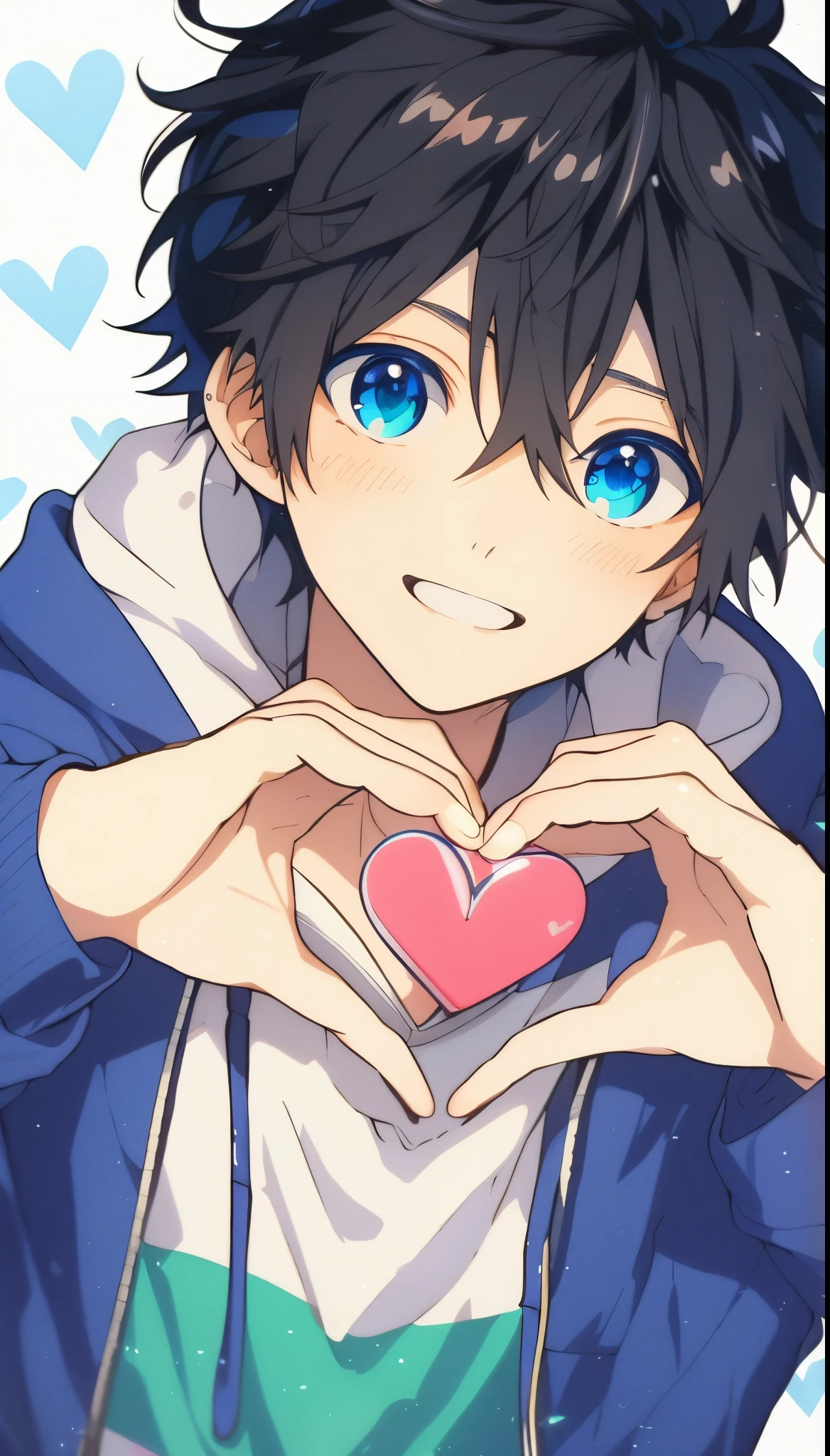 Anime boy makes a heart with his hands, Man with Blue Heart, anime lover, tall anime man with blue eyes, avatar image, Anime Boy, Blue eyes!!, anime moe art style, anime handsome guy, 8K!!, Rin, kirito, Blue Eye. Anime, Tsuaii, Makoto