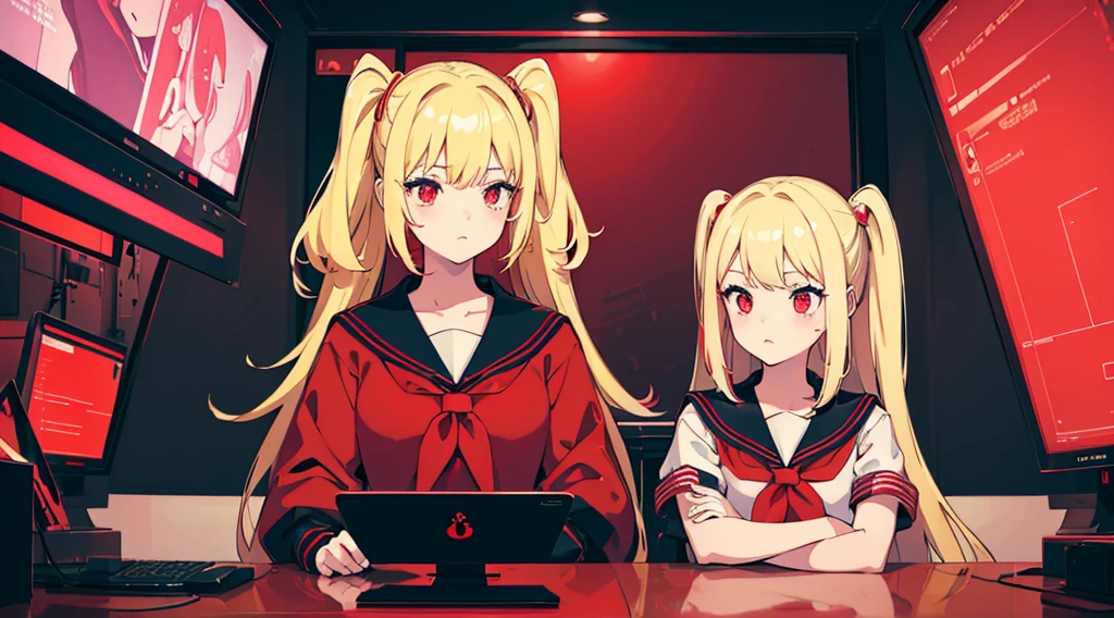(2 girls, blonde hair, red eyes, sailor suit, kawaii), (red cyberpunk, room with big monitors, red neon)
