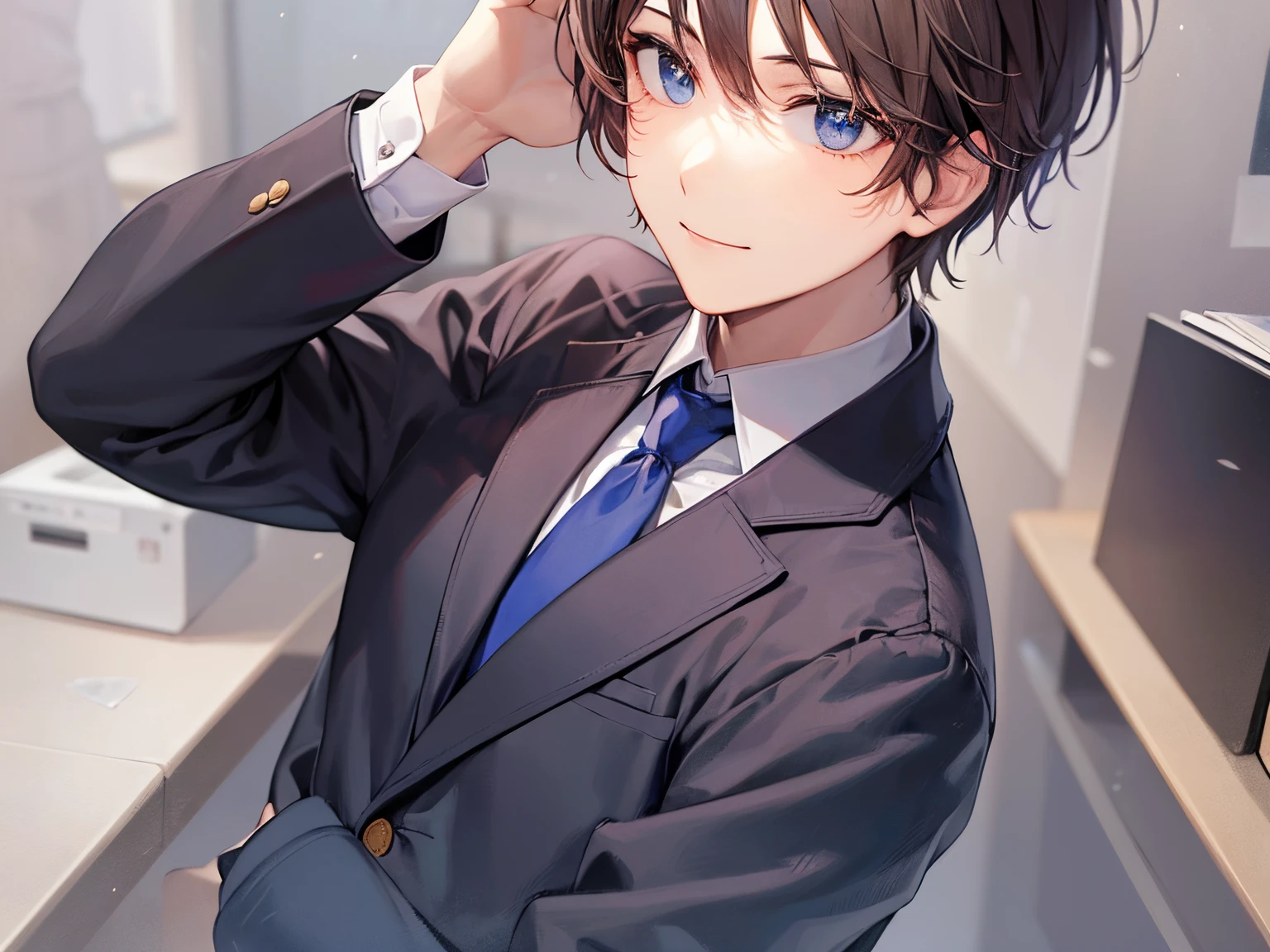 Brushing hair back, Angle from above, High angle, ​masterpiece、hightquality、25 year old man with short brown hair and blue eyes、Wearing a gray suit、Wearing a blue tie、(Alone:1.5)、(looking away:1.4), (Smiling expression:1.1)、(Close-up of your face:1.3)、(Only the upper body is shown.:1.3)、The background is office、Bold composition、