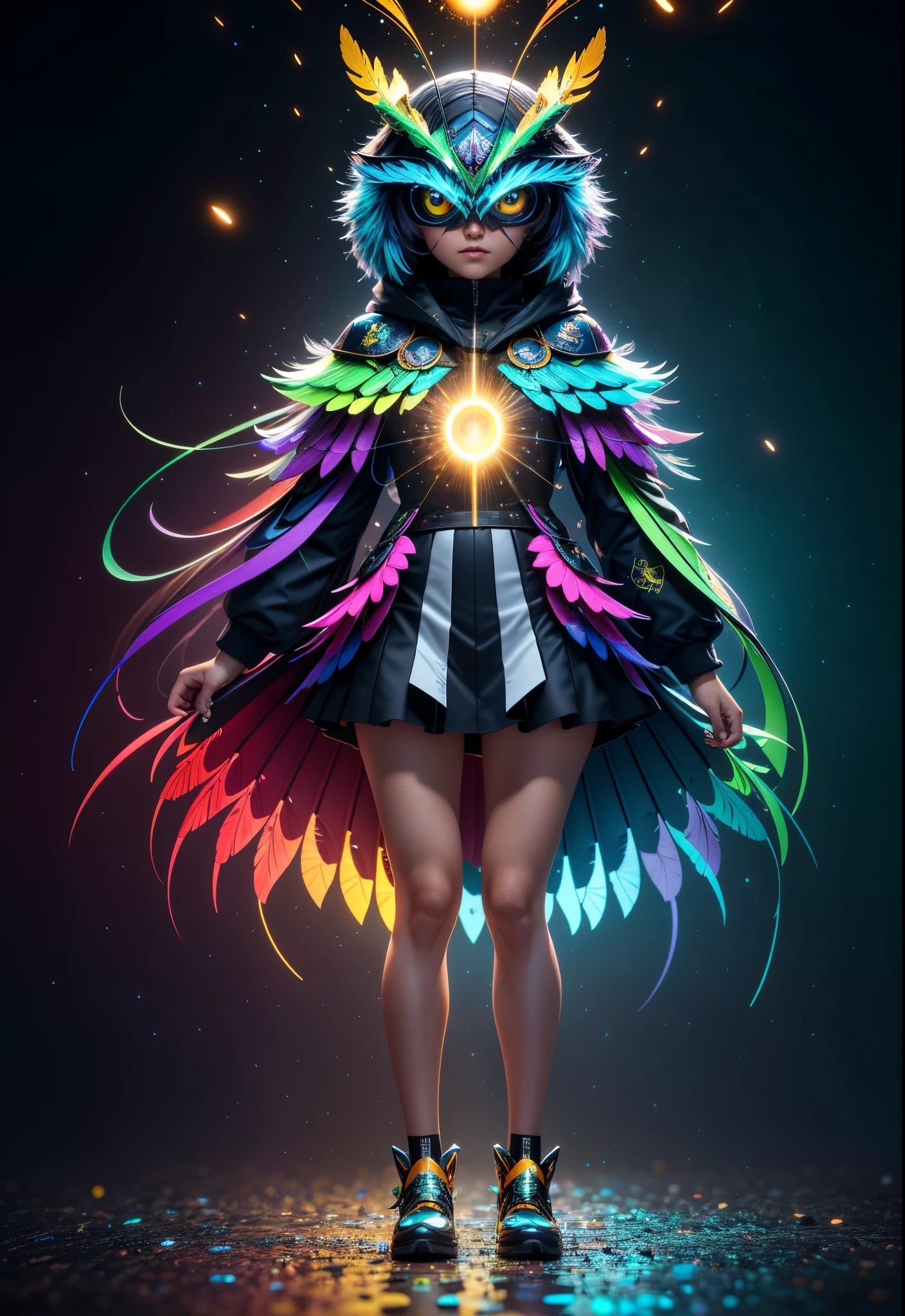 master part, best quality, extremely beautiful reflection, best reflection. (Muito detalhado CG unidade 8k papel de parede), (best quality), (best illustration), (Melhor sombra), a photo of a cyber owl, empoleirado em arame farpado em um beco escuro. Your eyes are neon blue, refletindo as luzes da cidade circundante. Feathers are fragmented and iridescent, and there is wonderful code running through them. The shots used create a deformation effect, giving the impression that an owl is observing the viewer from all angles, com tema florestal com elementos naturais. Tall trees, quiet stream, pequenos cogumelos brilhantes rodeados por folhas e ramos delicados, and fireflies and glowing particle effects, (elementos naturais), (tema selva), (Leaverancheireflieutterflies, (folhas delicadas), (brilhar), (particle effects), 3d isometric, octane rendering, ray tracing, super detalhado
