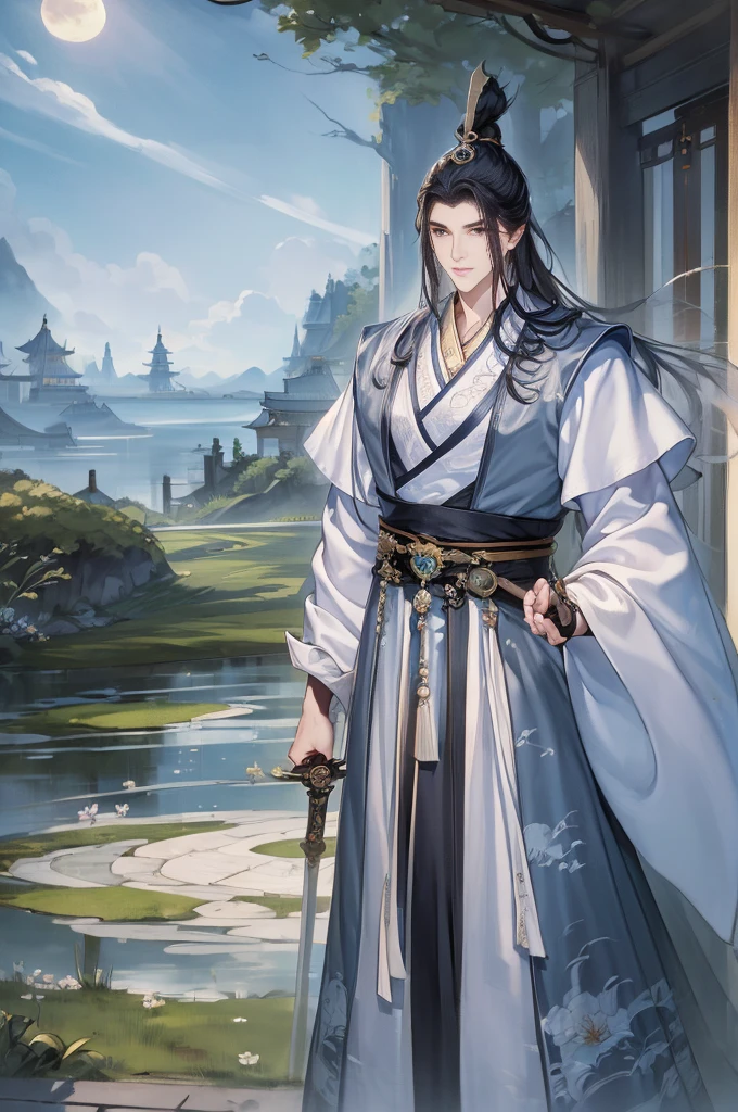 (Best quality,A high resolution,The image  clear:1.2),Ultra detailed backgrounds,Beautiful man standing holding sword，this it，wind blowing through，Chinese style clothes,,Garden scene,under moonlight,waterfall man，Romantic atmosphere,Dutch Angle Shot,gentlesoftlighting,shelmet