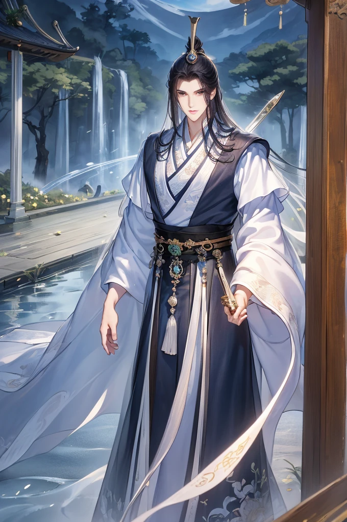 (Best quality,A high resolution,The image  clear:1.2),Ultra detailed backgrounds,Beautiful man standing holding sword，this it，wind blowing through，Chinese style clothes,,Garden scene,under moonlight,waterfall man，Romantic atmosphere,Dutch Angle Shot,gentlesoftlighting,shelmet