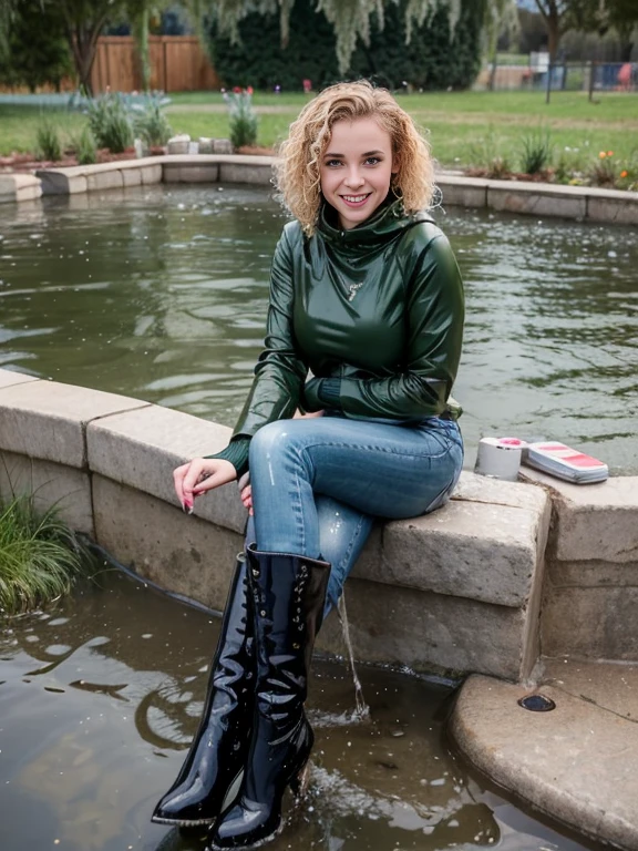 woman outside sitting in a remote pond in (puffy winter coat) and tight sweater and navy blue jeans and stiletto heel boots, ((wet hair)), soaking wet, SoakingWetClothes, (((showboots))), inviting smile, ((short curly blonde hair)), green eyes