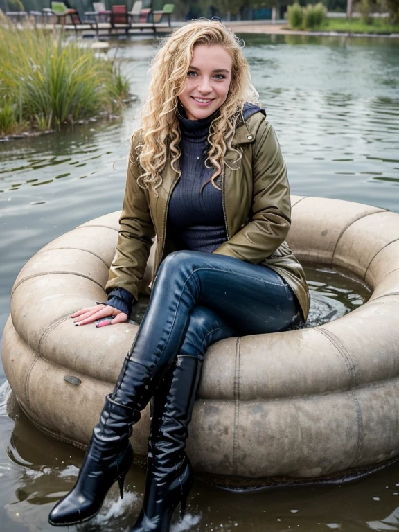 woman outside sitting in a remote pond in (puffy winter coat) and tight sweater and navy blue jeans and stiletto heel boots, ((wet hair)), soaking wet, SoakingWetClothes, (((showboots))), inviting smile, ((short curly blonde hair)), green eyes