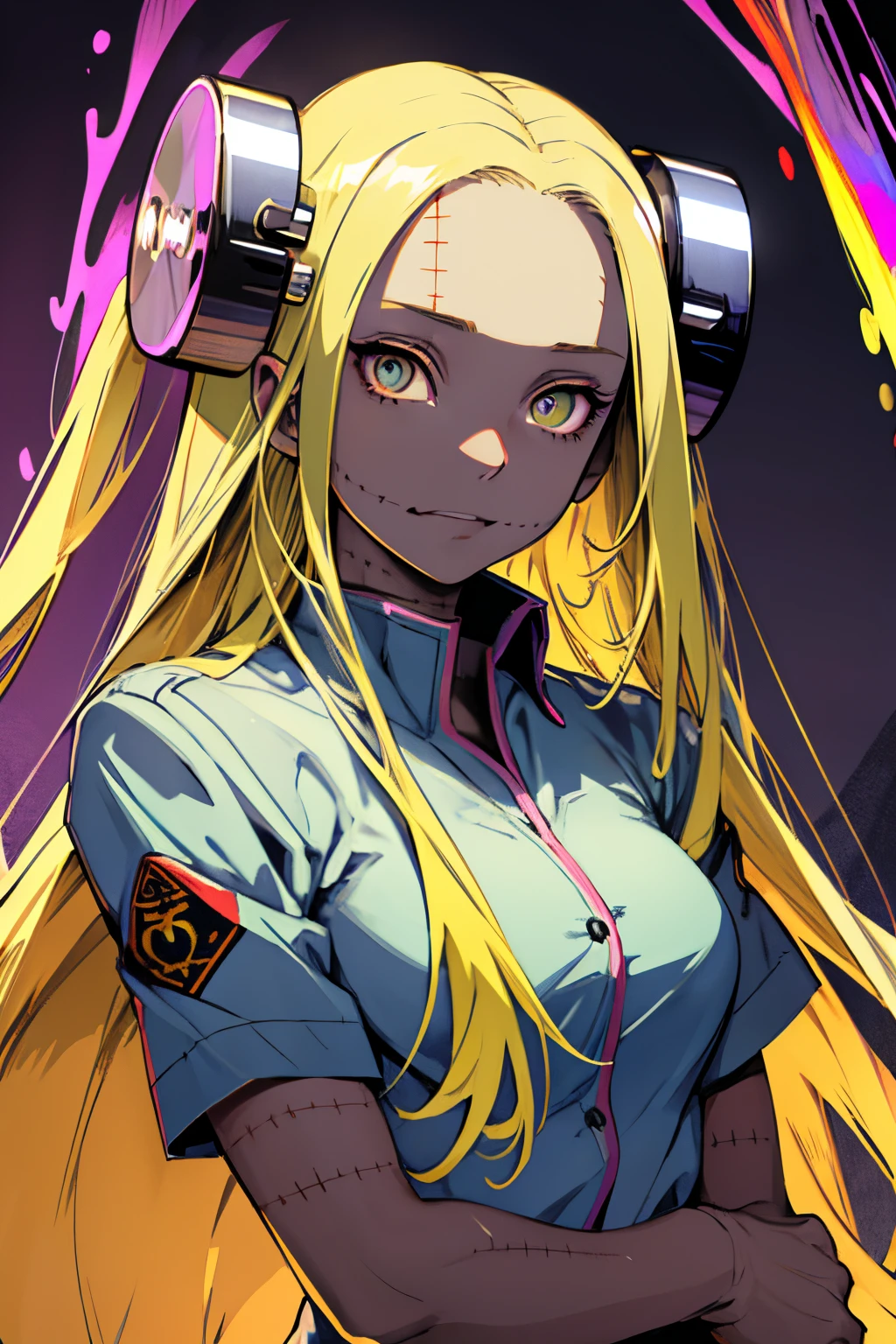 Madaraki_Fran , A  girl, , stands , at the surgeon&#39;s&#39;S&#39;S&#39;S&#39;S&#39;S&#39;uniform , (((((Eyes of different colors))))) , clear face , Clean hands , hairlong , yellow hair,seams , Scars on the body , A creepy look , scary eyes , An intimidating look, crazy eyes , yandere , scalpels in hands , veins in the background,Background ,creepy smile