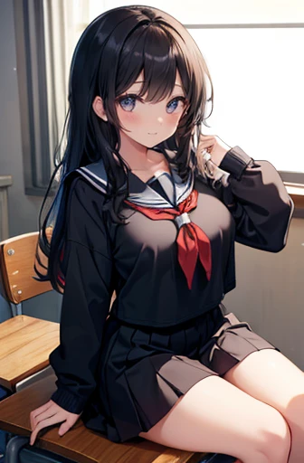 girl with、1 person、large and beautiful breasts、long black hair girl、High school students、Pitch black sailor suit、A slight smil、Sitting at a desk at school、put your hands on your thighs、Pinch your chest with your upper arms