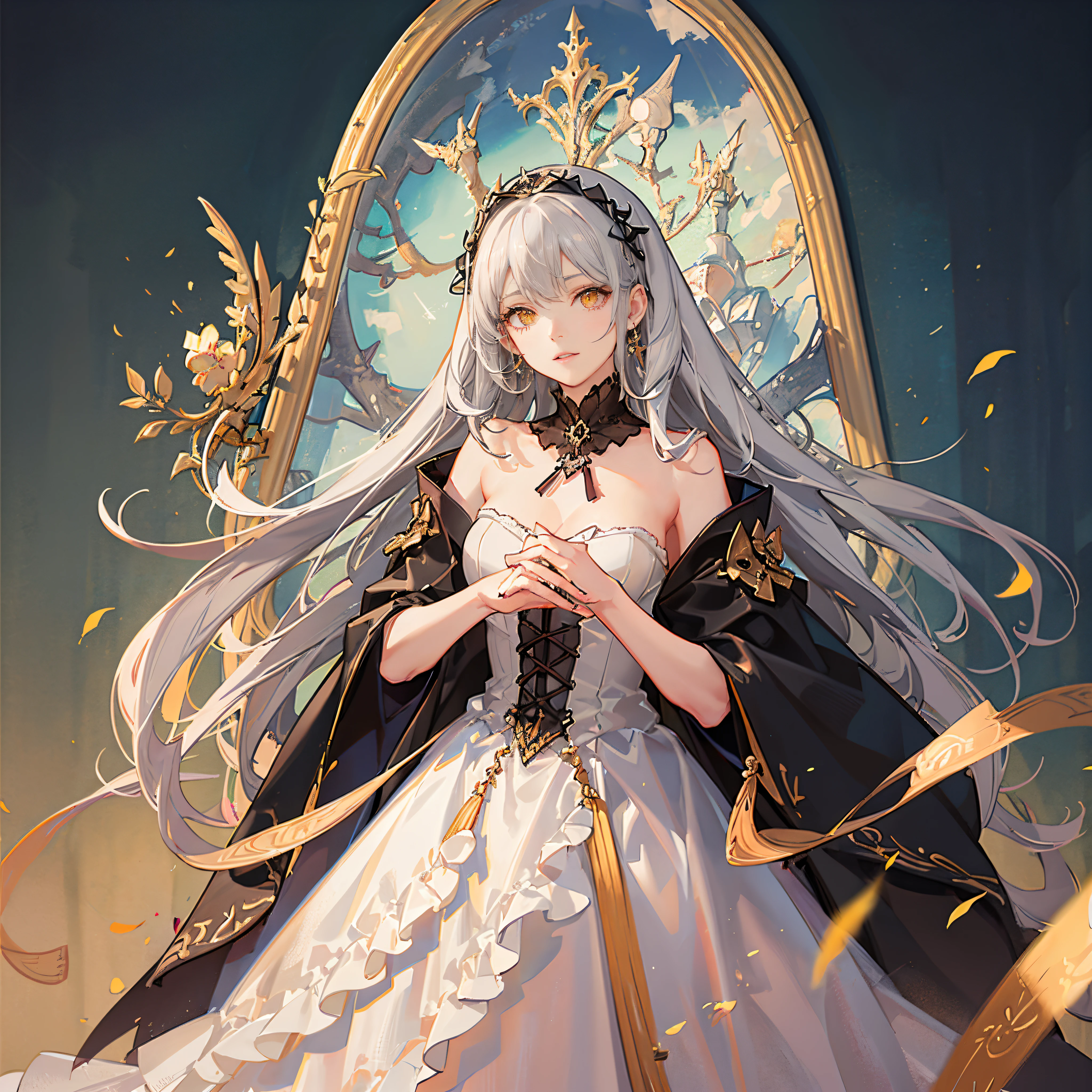 Very delicate and beautiful CG illustration、top-quality、hight resolution、dynamic ungle、full-length shot、(1girl in)、yellow eyes and straight long gray hair,,,、float、Soft light、high key lighting),Beautie,Clear eyes,Beautiful eyes,Cute lips,cheeks are a little red,Mystical