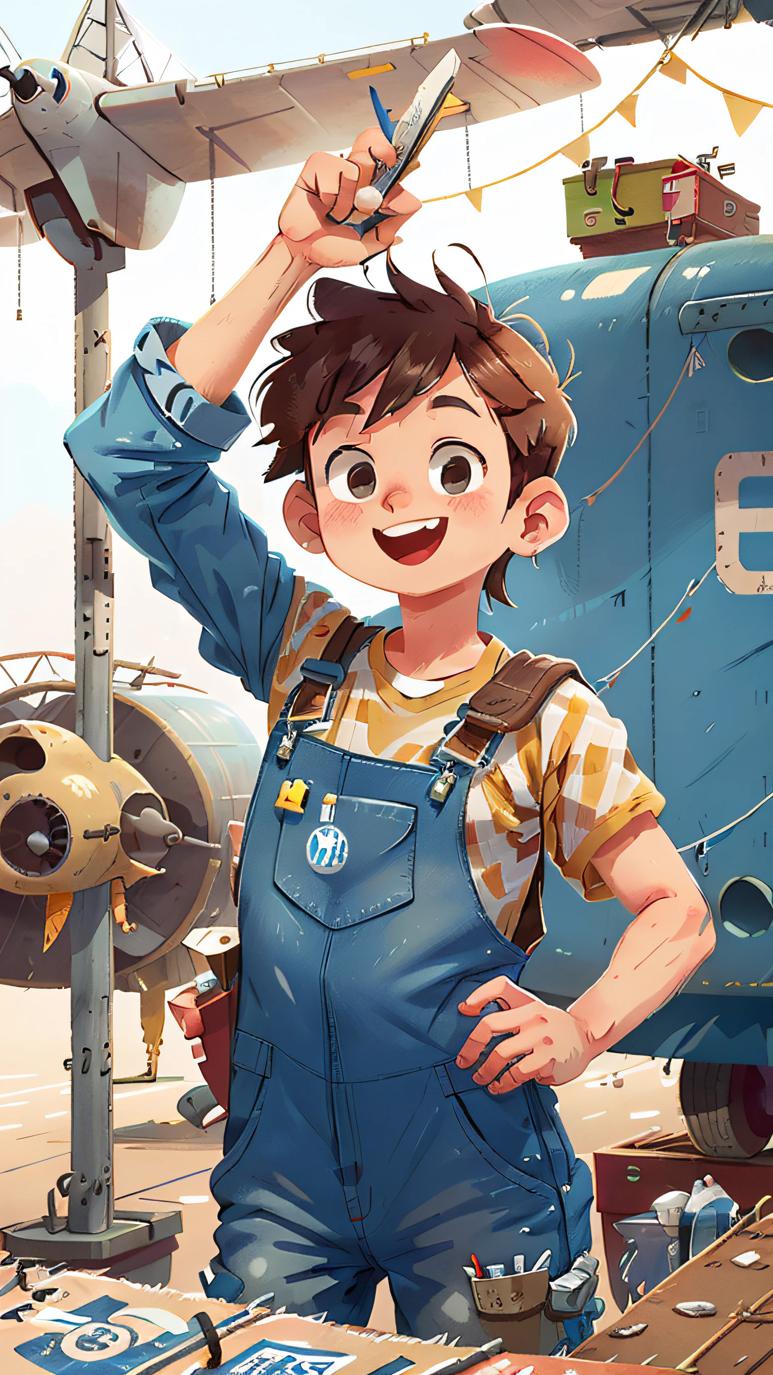 poster for , aircraft maintenance day, in the hangar, Maintenance worker holding a job card, Happiness in blue overalls, jumpping, Happy --v 6