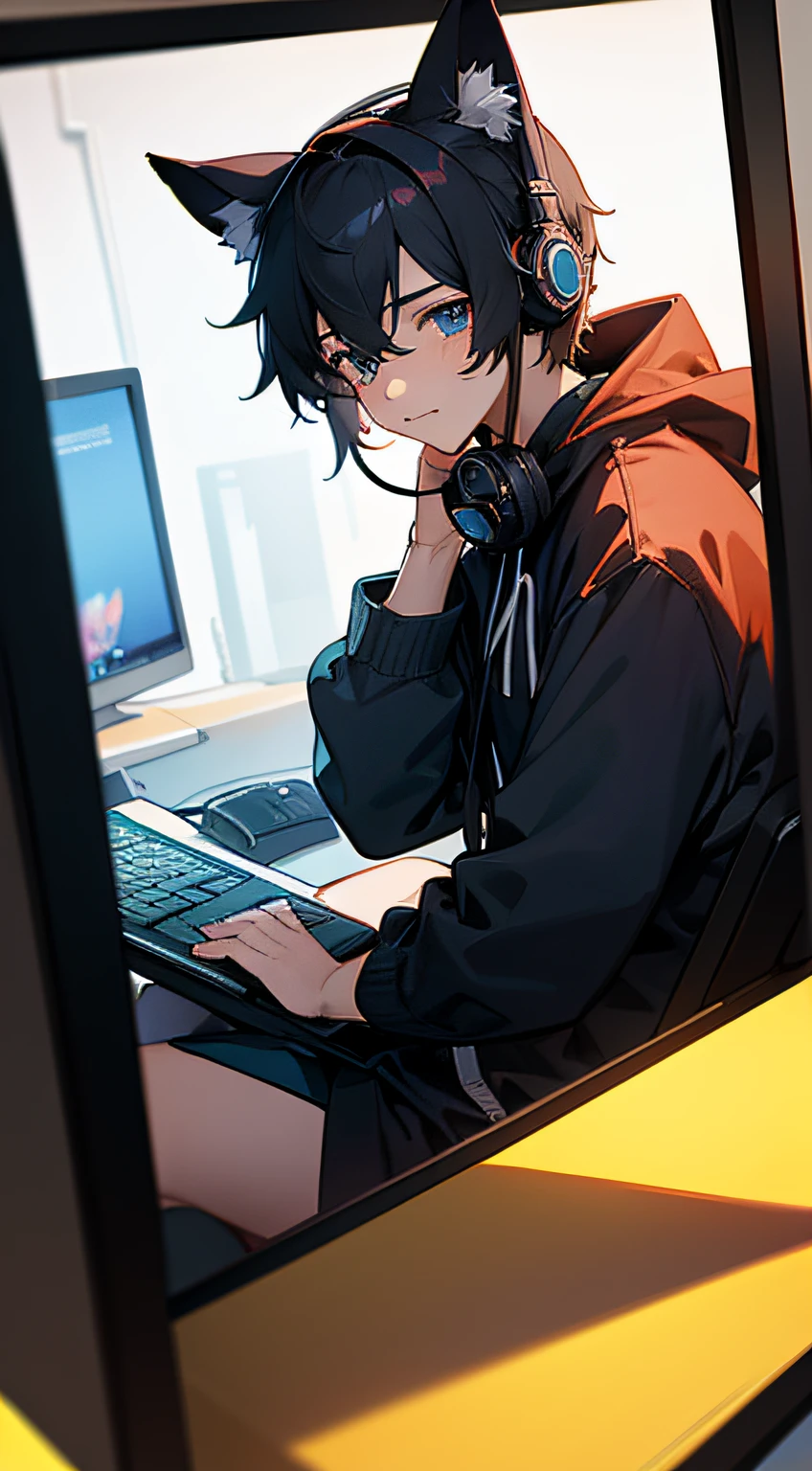 a teenage boy who was a successful gamer at a young age using a headset and wearing a sweater, in front of a tablet while working on an editing project in his studio.masterpiece,best quality, Cat ear