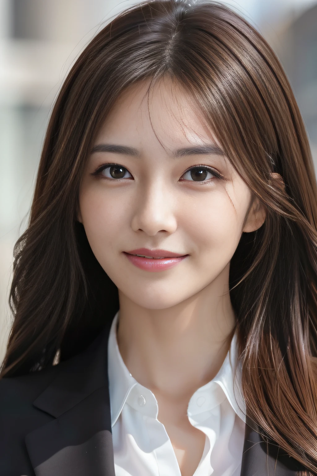 masutepiece, Best Quality, Photorealistic, Ultra-detailed, finely detail, High resolution, 8K Wallpaper, 1 beautiful woman,, light brown messy hair, in a business suit, foco nítido, Perfect dynamic composition, Beautiful detailed eyes, detailed hairs, Detailed realistic skin texture, Smiling, Close-up portrait, Model body type