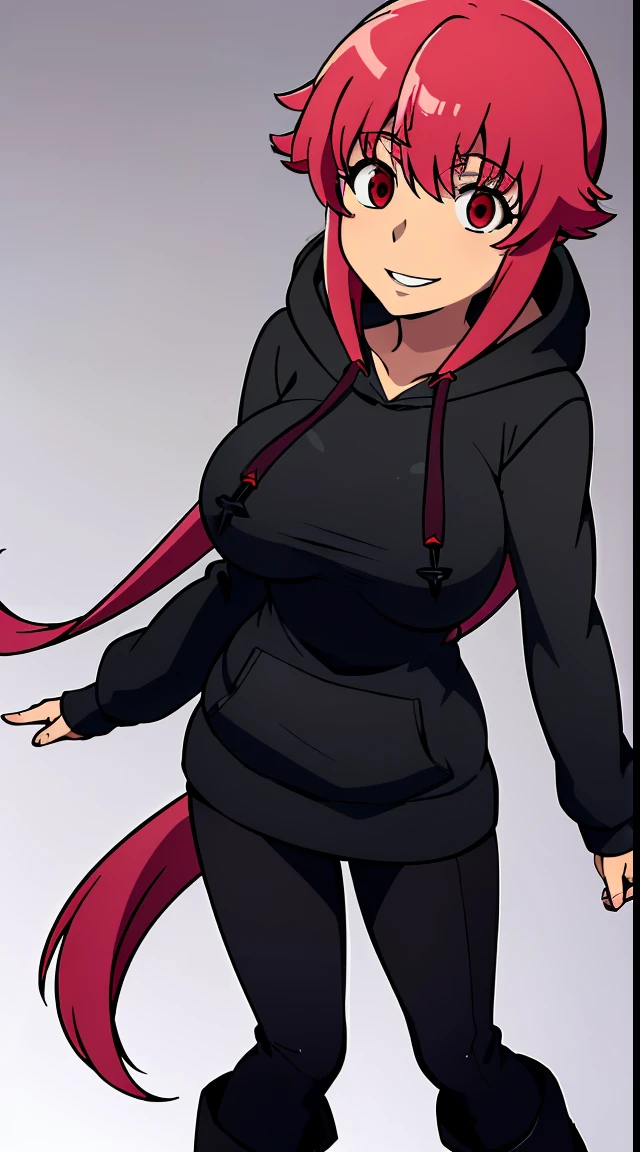 (masterpiece,4k,high quality,delicated background), 1girl, solo, gasai yuno, (large breasts:1.5), (long sleeved black hoodie:1.5), under boob, red eyes, black jeans, black lace high boots, blood splatter, blood stain, blood stained clothes, (crazy expression,crazy eyes,crazy smile)