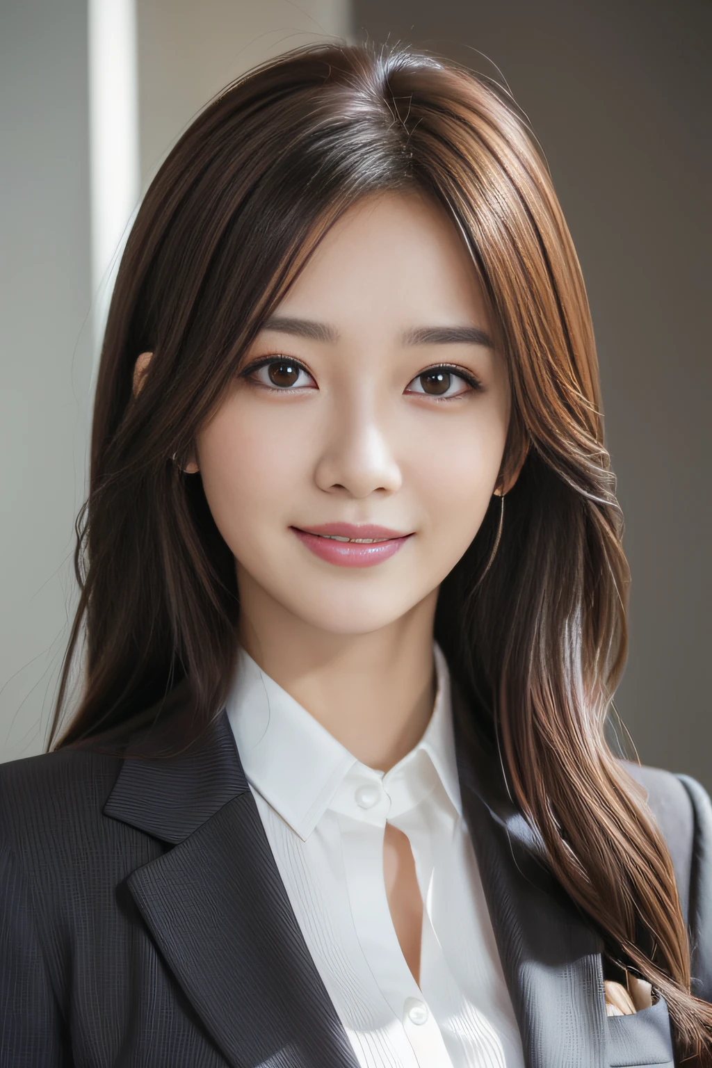 masutepiece, Best Quality, Photorealistic, Ultra-detailed, finely detail, High resolution, 8K Wallpaper, 1 beautiful woman,, light brown messy hair, in a business suit, foco nítido, Perfect dynamic composition, Beautiful detailed eyes, detailed hairs, Detailed realistic skin texture, Smiling, Close-up portrait, Model body type