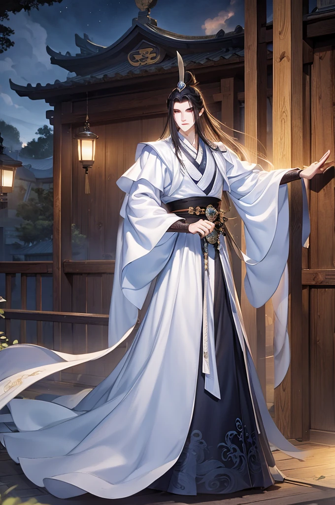 (Best quality at best,A high resolution,The image  clear:1.2),Ultra detailed backgrounds,Beautiful man standing holding sword，this it，wind blowing through，Chinese-style clothes,,Garden scene,under moonlight,waterfall man，Romantic atmosphere,Dutch Angle Shot,gentlesoftlighting,shelmet