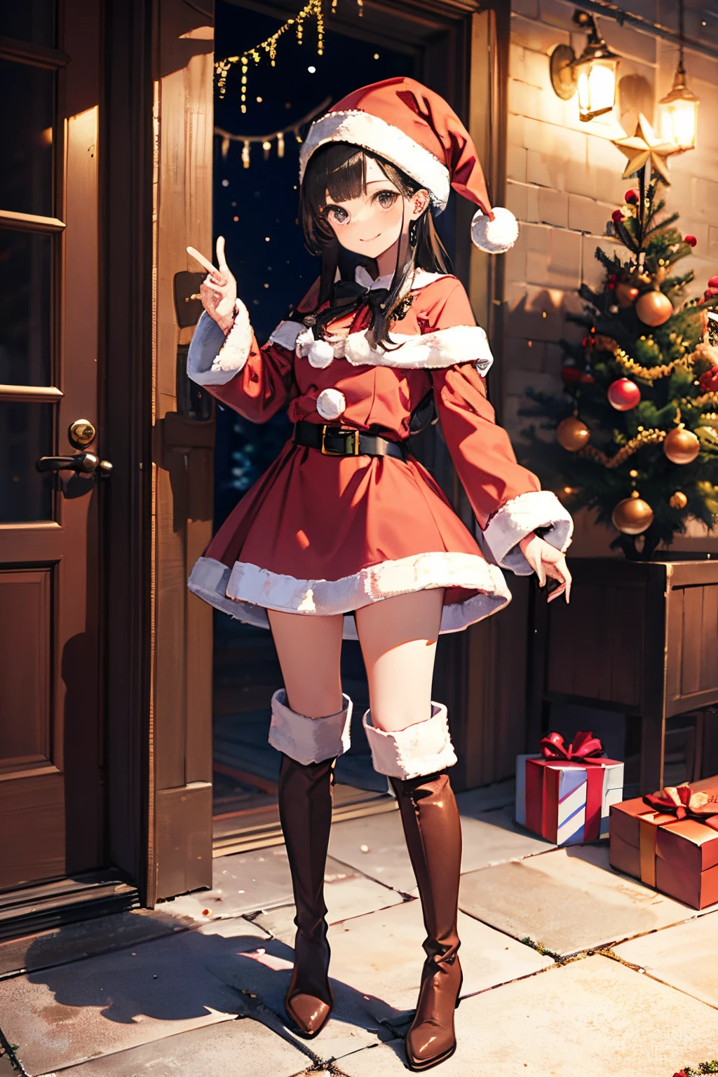 "anime girl, 1 person, dark brown hair, ponytail, ponytail, tied hair, brown eyes, socks, santa hat, santa outfit, santa outfit, winter outfit, naked unique, red dress, big breasts, blushing, full body, snowfall, christmas gift box, christmas, solo, front view, (full HD 4K+ image)"