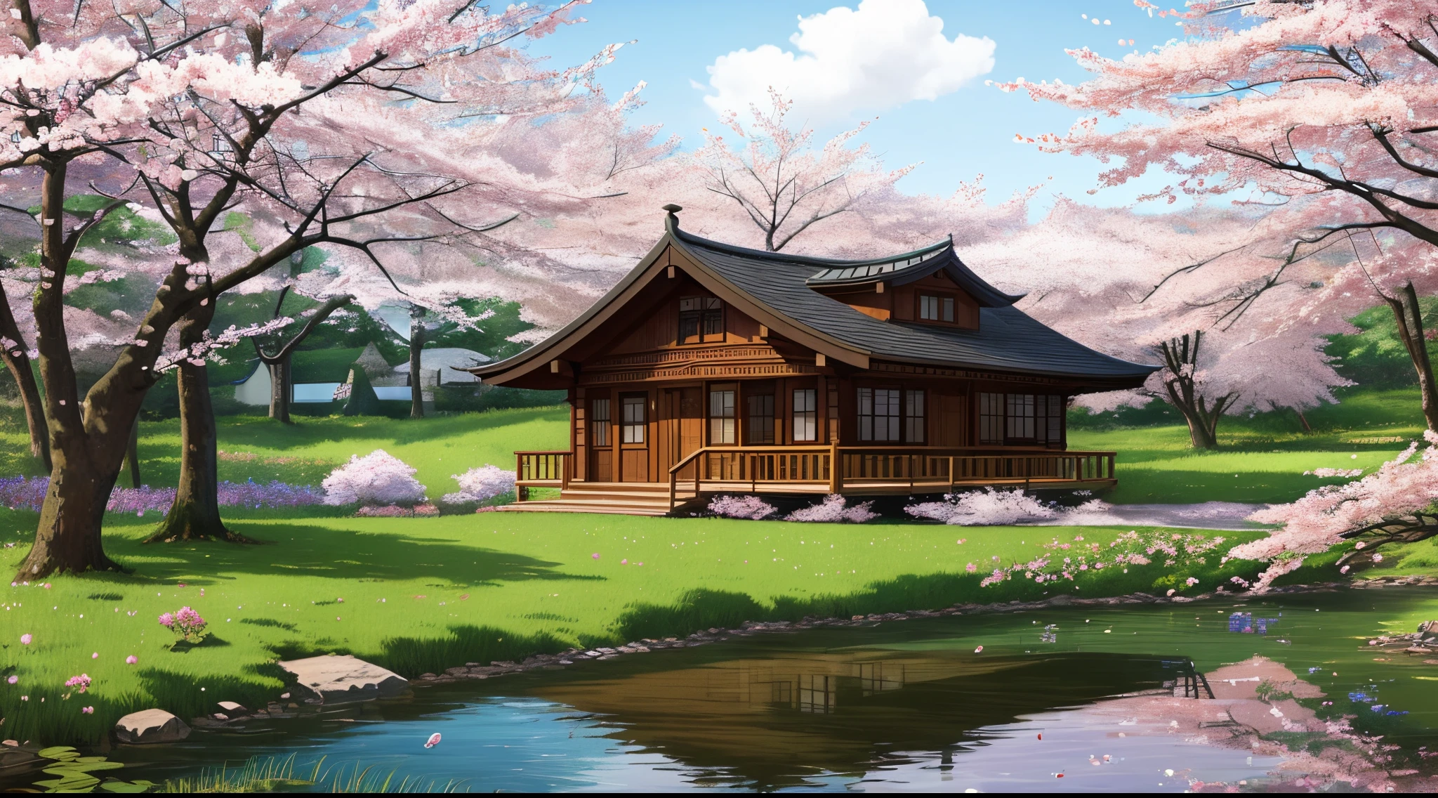 Masterpiece, very high quality, (highly detailed), a small house in the woods, (surrounded by cherry blossoms), next to a lake, no people, no cars, landscape, studio ghibli style