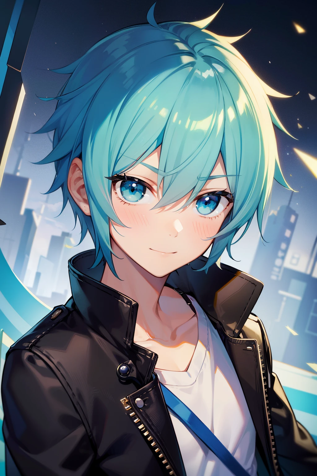 (high-quality, breathtaking),(expressive eyes, perfect face) 1boy, male, solo, ddler, light blue hair, green coloured eyes, stylised hair, gentle smile, shortlength hair, loose hair, side bangs, curley hair, spiky hair, modern clothes, black jacket, dark sapphire blue and white tshirt, looking at viewer, portrait