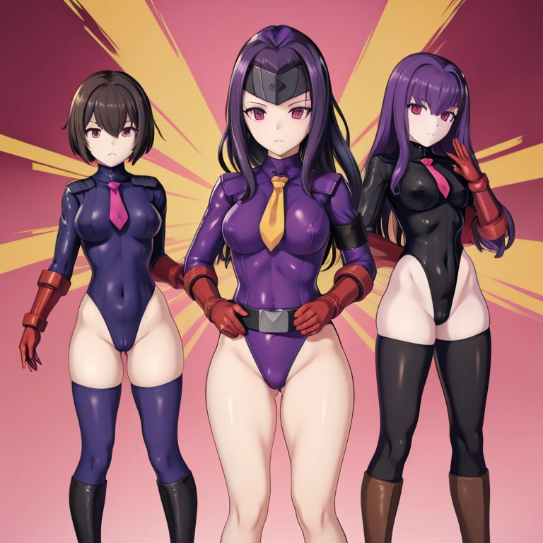Masterpiece, Best Quality, Highly detailed, illustration, absurdres, street fighter, doll suit, shadaloo doll, nazi saluting, military, military saluting, salute, 3girls, teams, expressionless, emotionless eyes, looking at viewer, red gloves, emotionless, black latex, corrution, zofa suit, zofa soldier, mind control, female combatant, full body, hypnotized, standing, standing at attention, unhappy trance, full body suit, leotard, eagle emblem, belt, girls frontline, ripper, purple hair, red eyes, visor